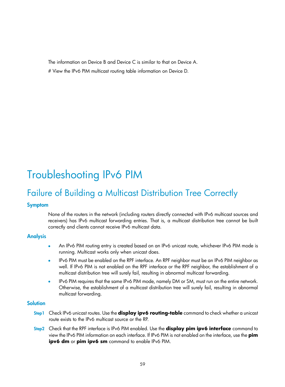 Troubleshooting ipv6 pim, Symptom, Analysis | Solution | H3C Technologies H3C SecPath F1000-E User Manual | Page 222 / 225