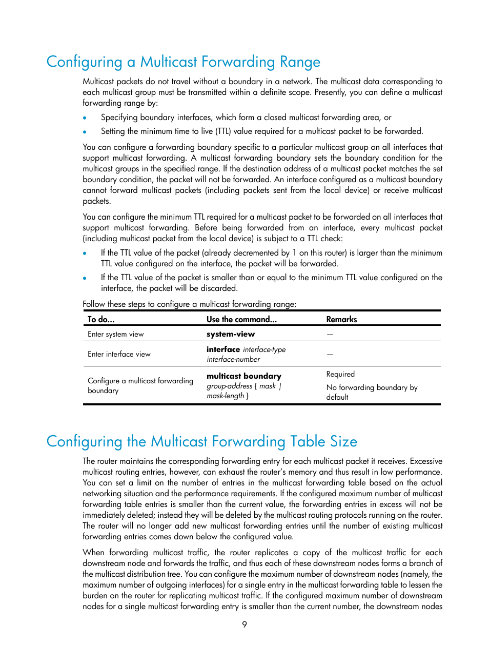 Configuring a multicast forwarding range, Configuring the multicast forwarding table size | H3C Technologies H3C SecPath F1000-E User Manual | Page 23 / 225