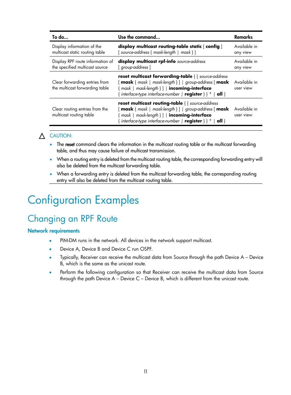 Configuration examples, Changing an rpf route, Network requirements | H3C Technologies H3C SecPath F1000-E User Manual | Page 25 / 225