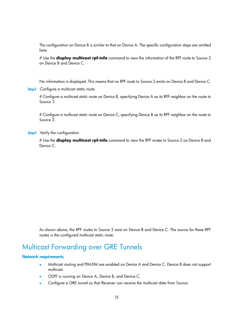 Multicast forwarding over gre tunnels, Network requirements | H3C Technologies H3C SecPath F1000-E User Manual | Page 29 / 225