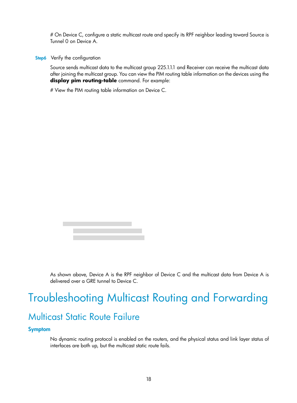 Troubleshooting multicast routing and forwarding, Multicast static route failure, Symptom | H3C Technologies H3C SecPath F1000-E User Manual | Page 32 / 225