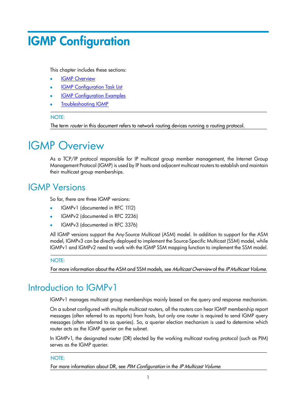 Igmp configuration, Igmp overview, Igmp versions | Introduction to igmpv1 | H3C Technologies H3C SecPath F1000-E User Manual | Page 35 / 225