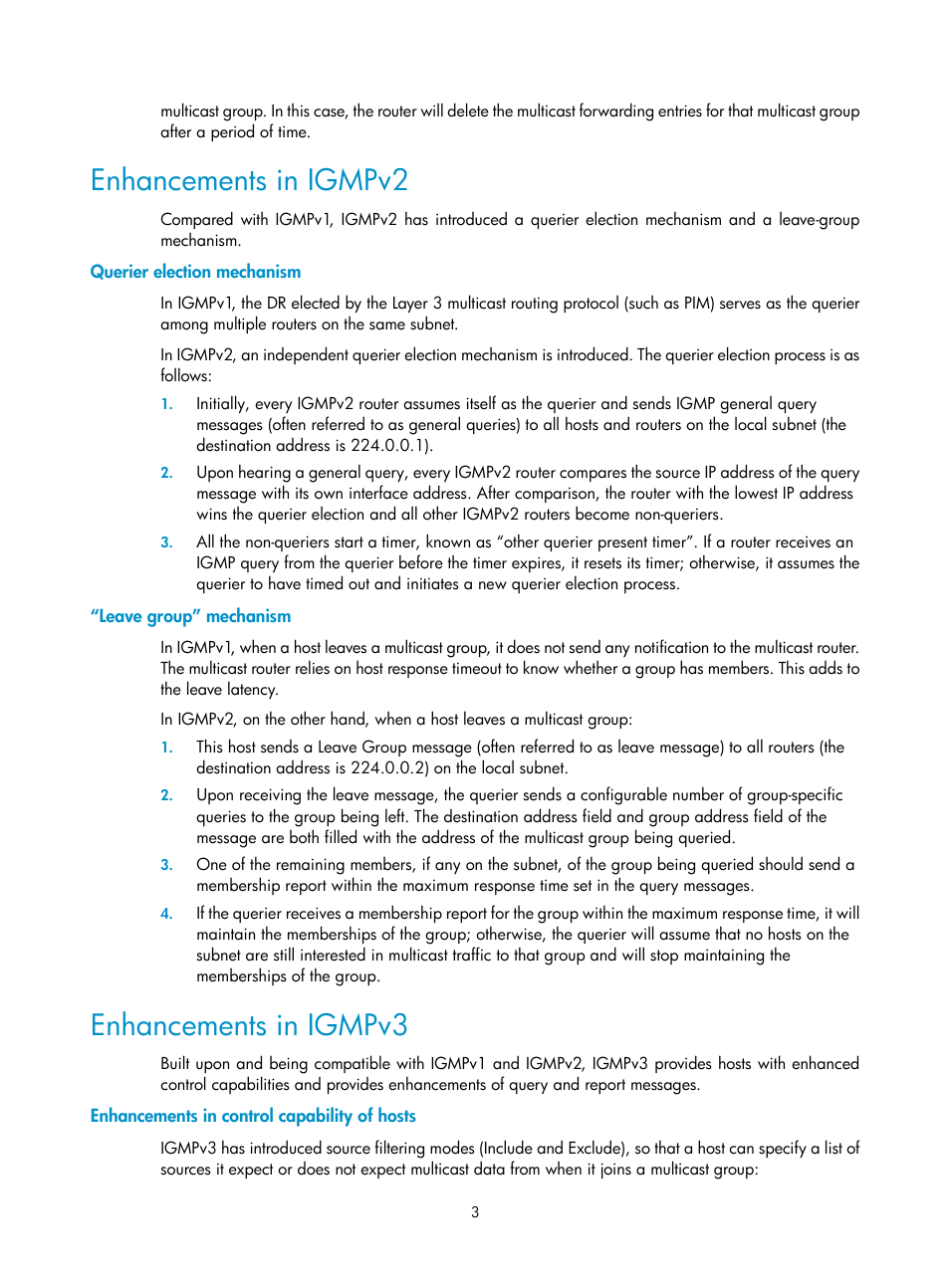Enhancements in igmpv2, Querier election mechanism, Leave group” mechanism | Enhancements in igmpv3, Enhancements in control capability of hosts | H3C Technologies H3C SecPath F1000-E User Manual | Page 37 / 225
