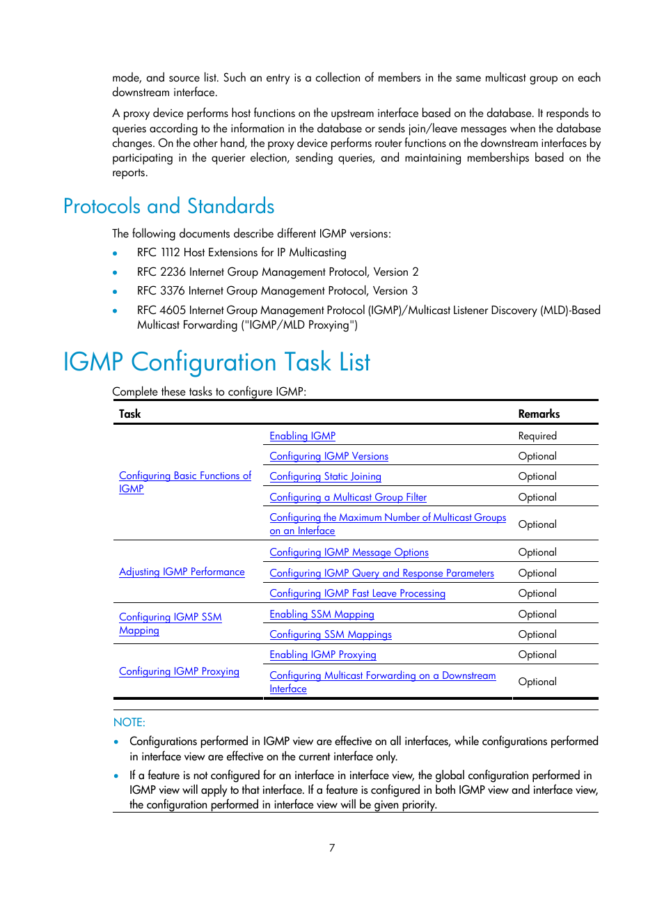 Protocols and standards, Igmp configuration task list | H3C Technologies H3C SecPath F1000-E User Manual | Page 41 / 225