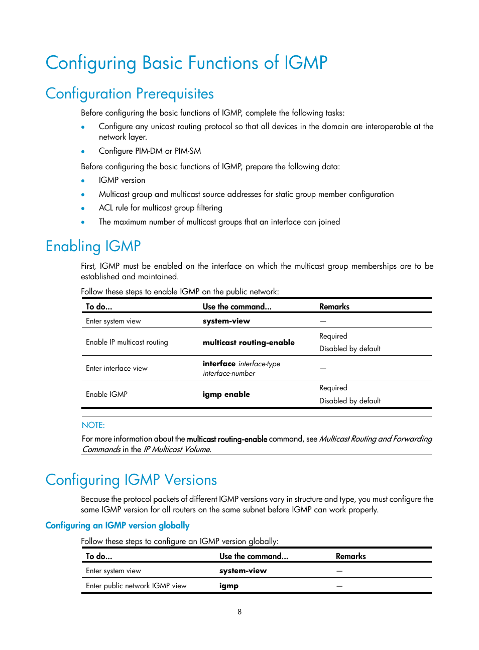 Configuring basic functions of igmp, Configuration prerequisites, Enabling igmp | Configuring igmp versions, Configuring an igmp version globally | H3C Technologies H3C SecPath F1000-E User Manual | Page 42 / 225