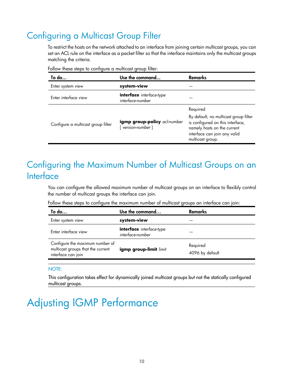 Configuring a multicast group filter, Adjusting igmp performance | H3C Technologies H3C SecPath F1000-E User Manual | Page 44 / 225