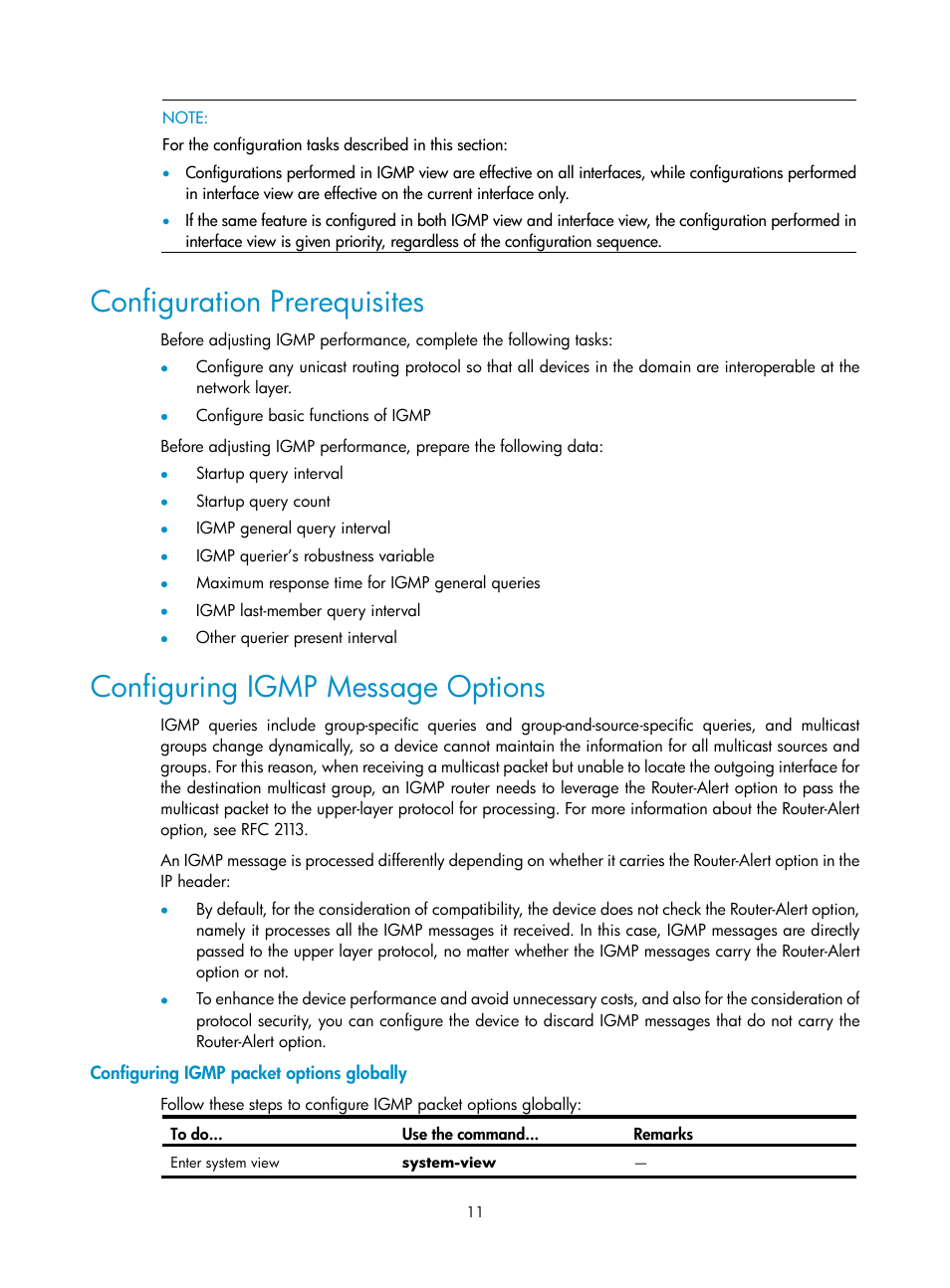 Configuration prerequisites, Configuring igmp message options, Configuring igmp packet options globally | H3C Technologies H3C SecPath F1000-E User Manual | Page 45 / 225