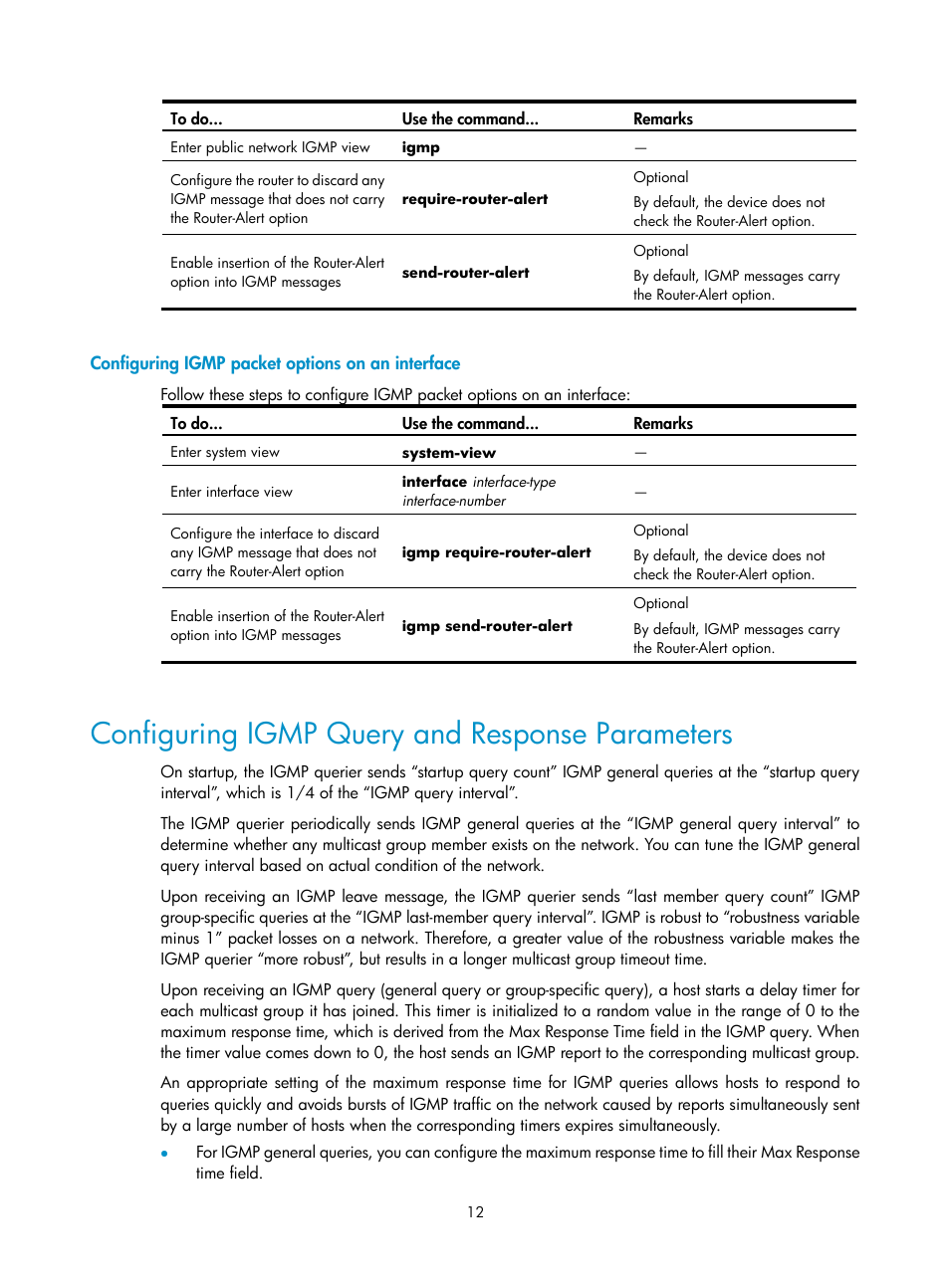 Configuring igmp packet options on an interface, Configuring igmp query and response parameters | H3C Technologies H3C SecPath F1000-E User Manual | Page 46 / 225