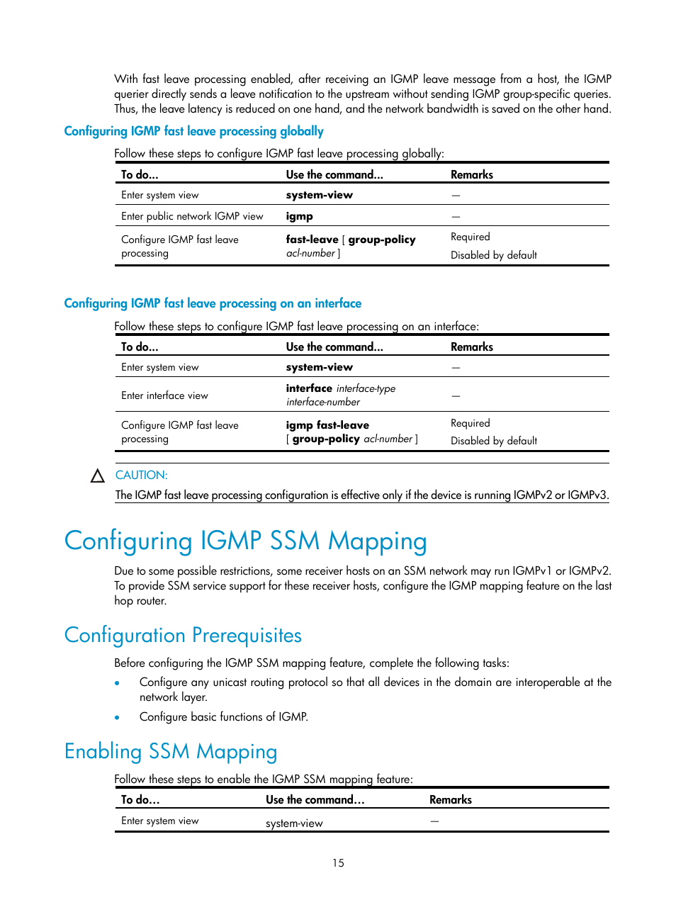 Configuring igmp fast leave processing globally, Configuring igmp ssm mapping, Configuration prerequisites | Enabling ssm mapping | H3C Technologies H3C SecPath F1000-E User Manual | Page 49 / 225