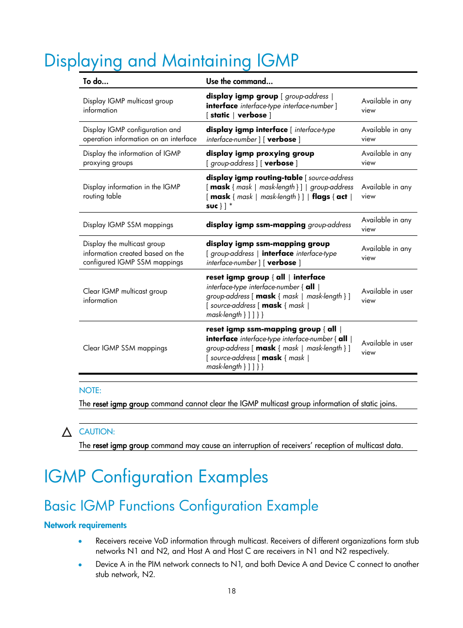 Displaying and maintaining igmp, Igmp configuration examples, Basic igmp functions configuration example | Network requirements | H3C Technologies H3C SecPath F1000-E User Manual | Page 52 / 225