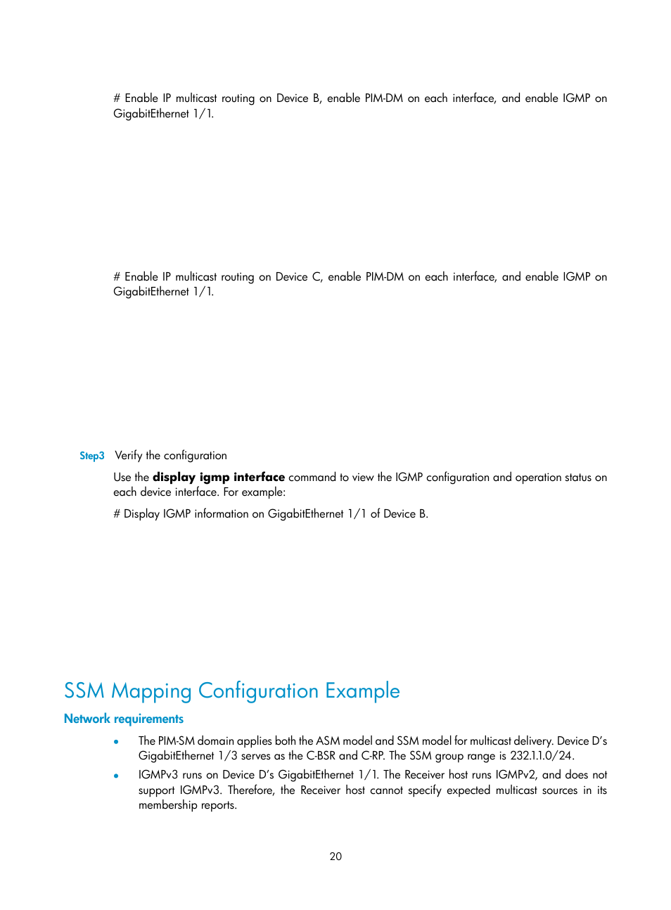 Ssm mapping configuration example, Network requirements | H3C Technologies H3C SecPath F1000-E User Manual | Page 54 / 225