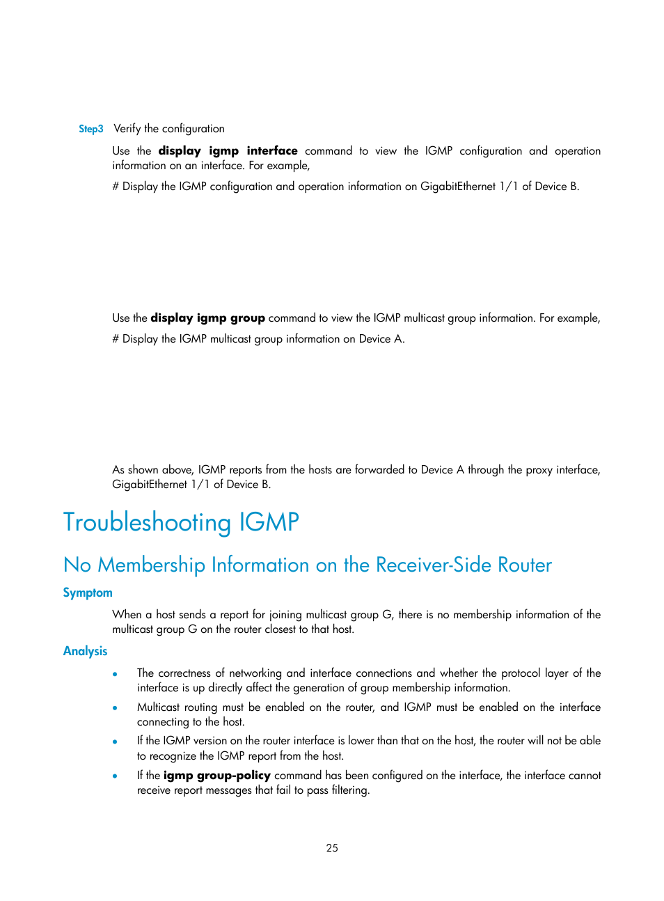 Troubleshooting igmp, Symptom, Analysis | H3C Technologies H3C SecPath F1000-E User Manual | Page 59 / 225