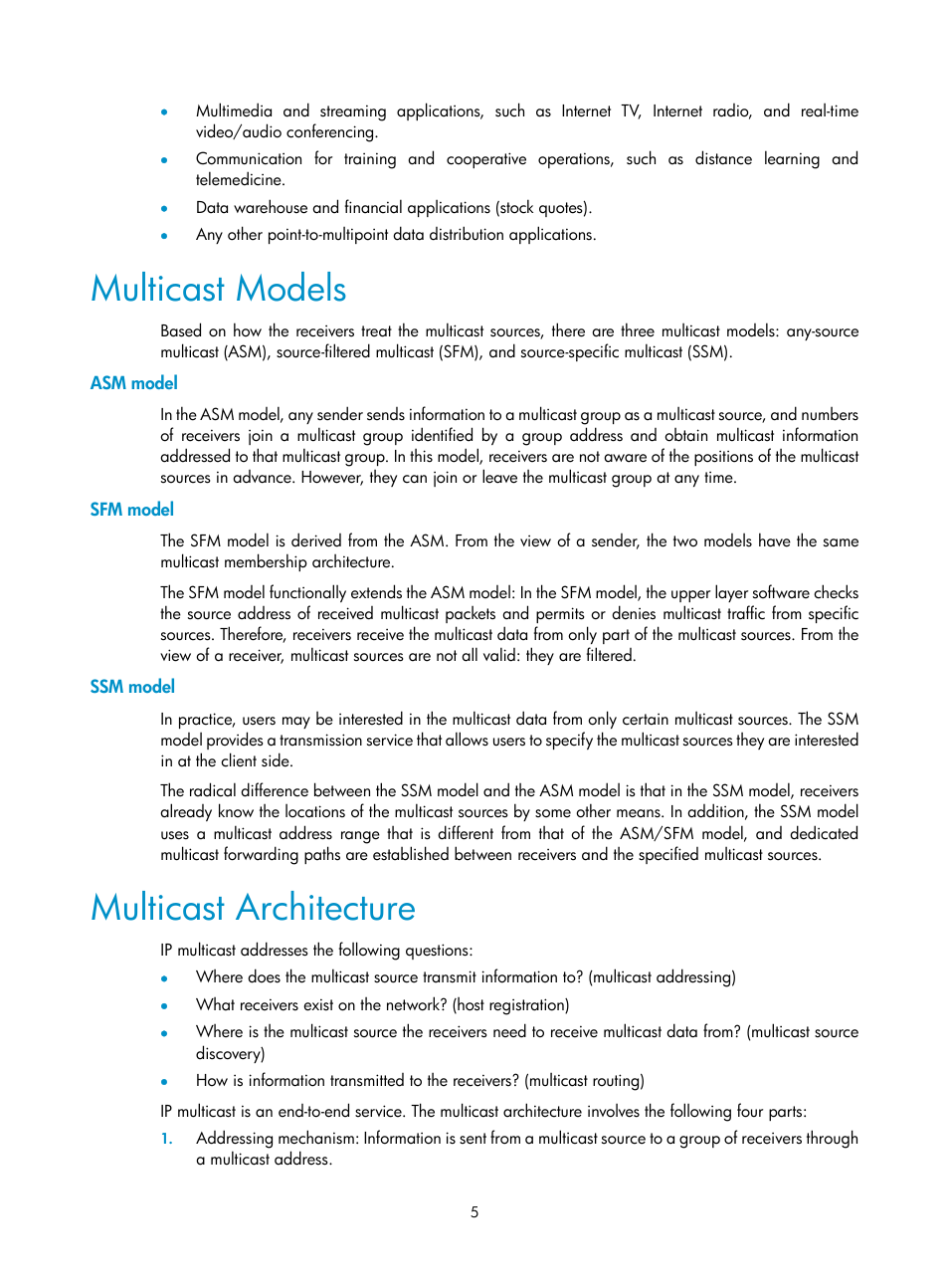 Multicast models, Asm model, Sfm model | Ssm model, Multicast architecture | H3C Technologies H3C SecPath F1000-E User Manual | Page 6 / 225