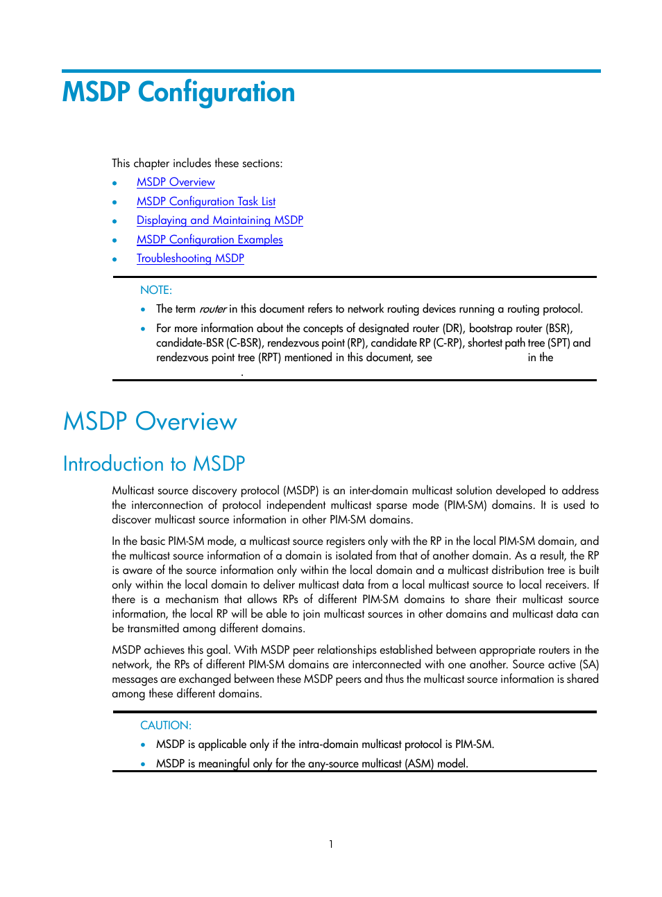 Msdp configuration, Msdp overview, Introduction to msdp | H3C Technologies H3C SecPath F1000-E User Manual | Page 62 / 225