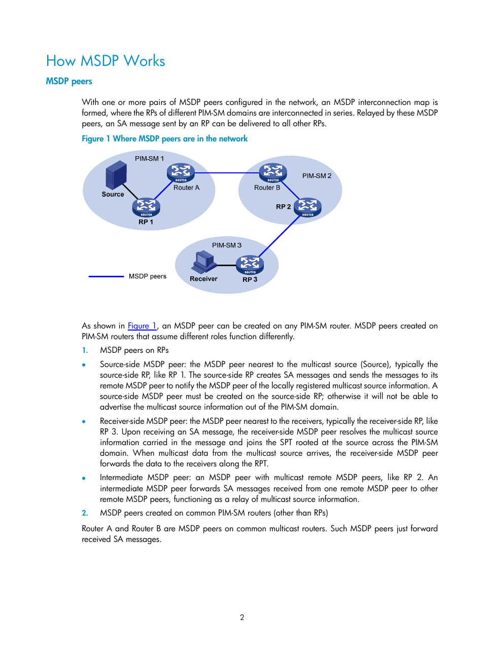 How msdp works, Msdp peers | H3C Technologies H3C SecPath F1000-E User Manual | Page 63 / 225