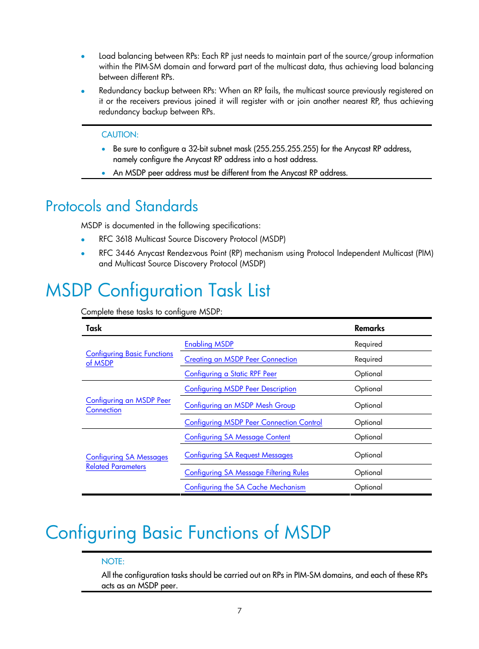 Protocols and standards, Msdp configuration task list, Configuring basic functions of msdp | H3C Technologies H3C SecPath F1000-E User Manual | Page 68 / 225
