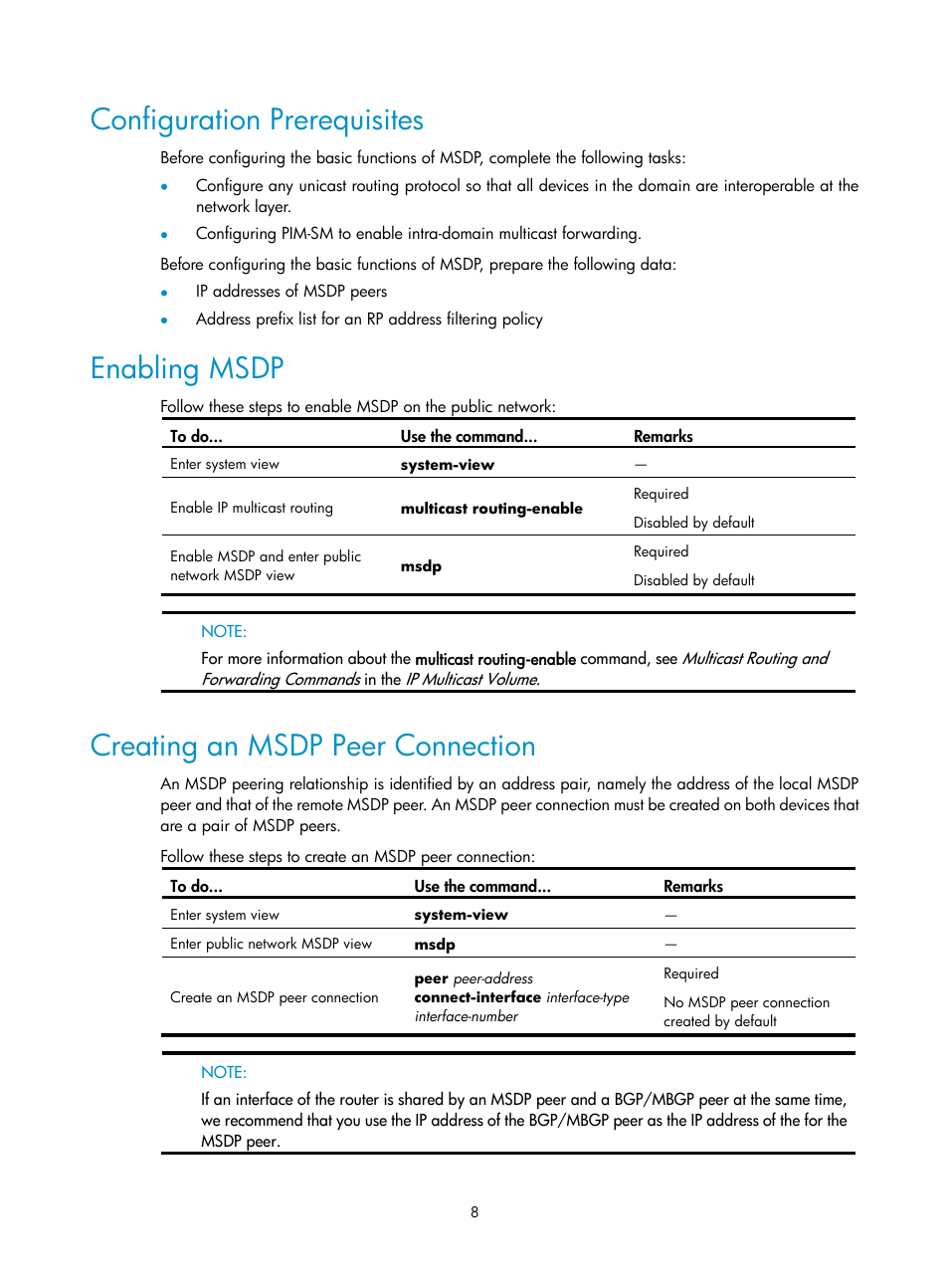 Configuration prerequisites, Enabling msdp, Creating an msdp peer connection | H3C Technologies H3C SecPath F1000-E User Manual | Page 69 / 225