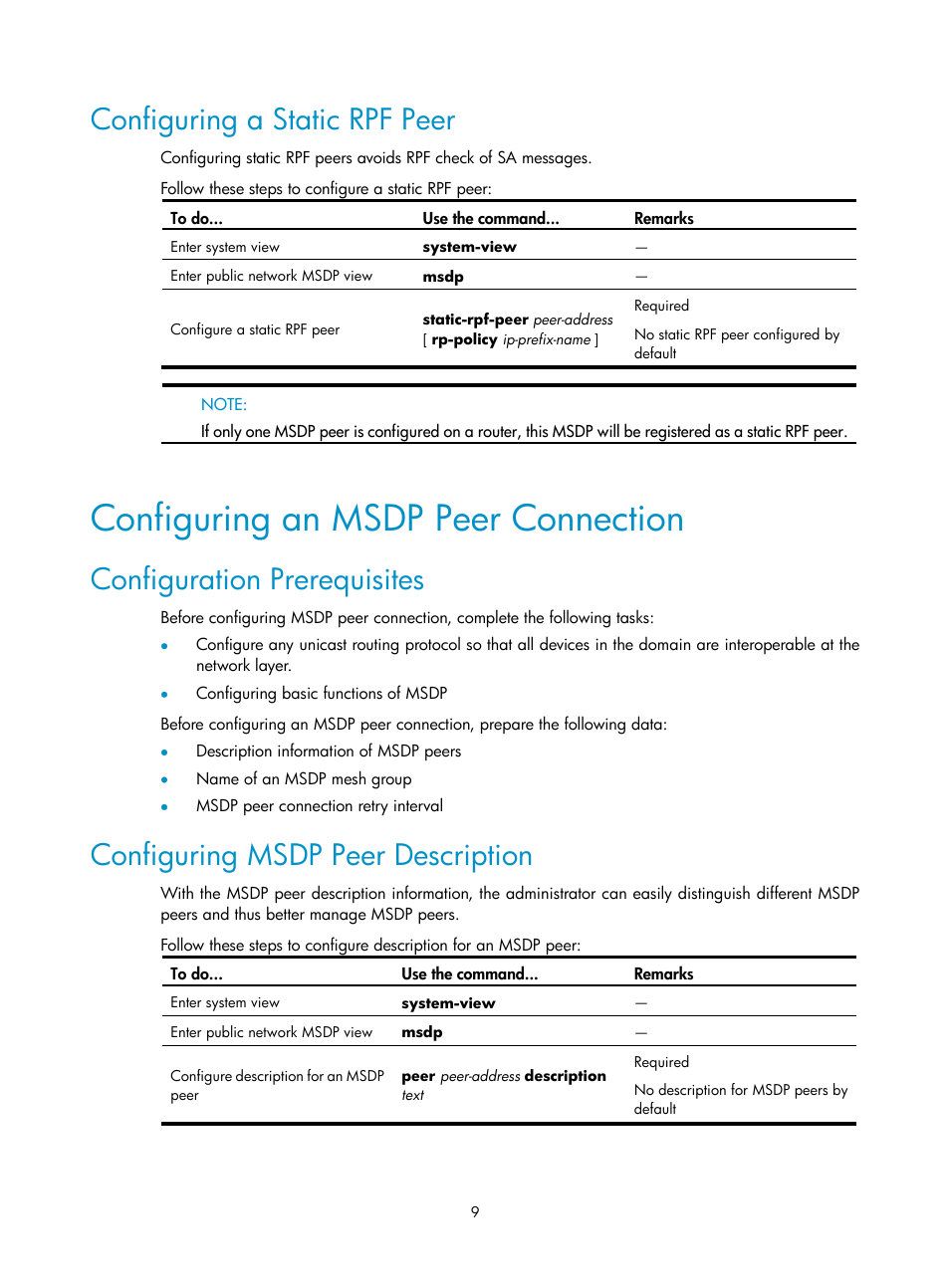 Configuring a static rpf peer, Configuring an msdp peer connection, Configuration prerequisites | Configuring msdp peer description | H3C Technologies H3C SecPath F1000-E User Manual | Page 70 / 225