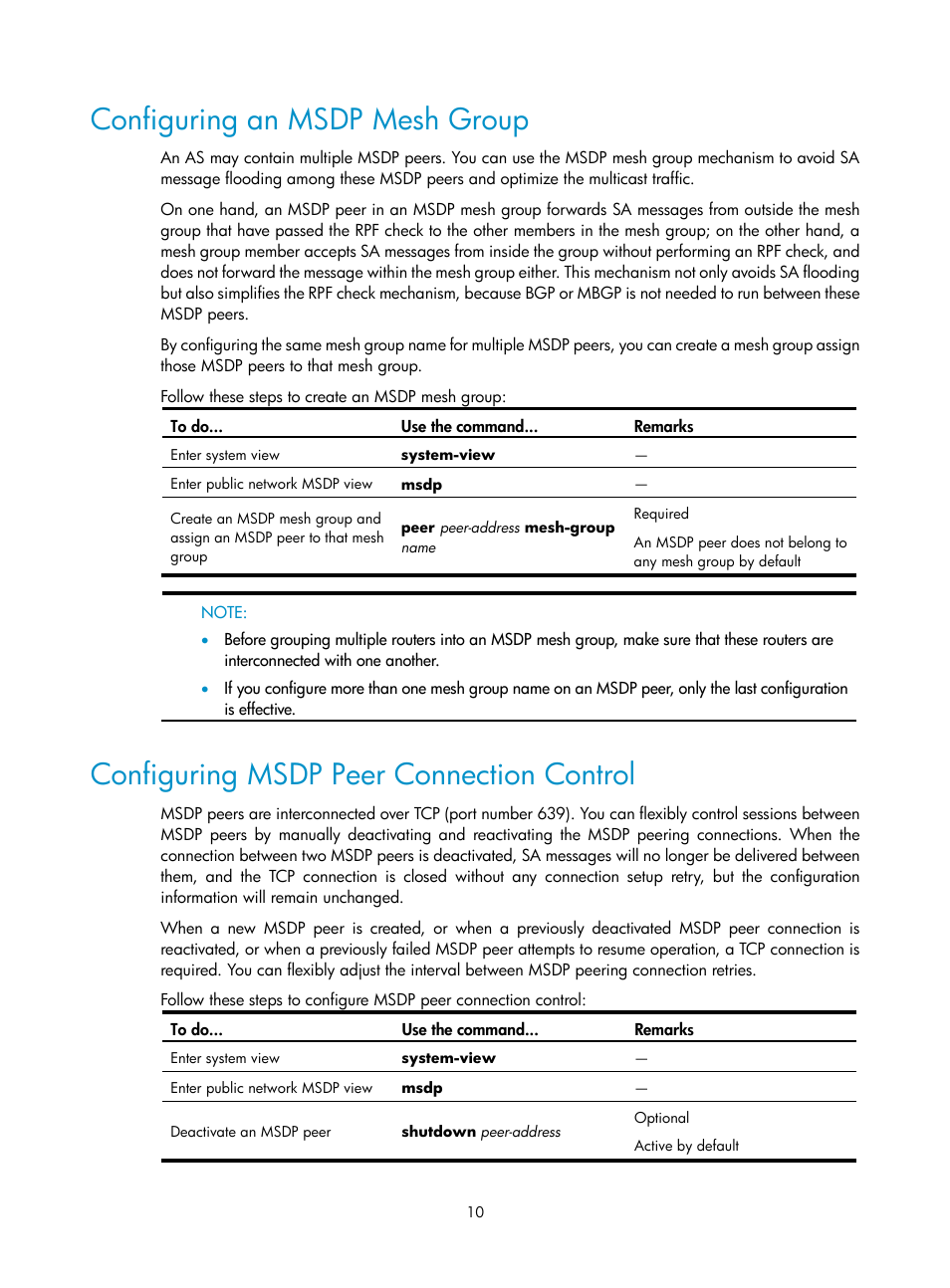 Configuring an msdp mesh group, Configuring msdp peer connection control | H3C Technologies H3C SecPath F1000-E User Manual | Page 71 / 225
