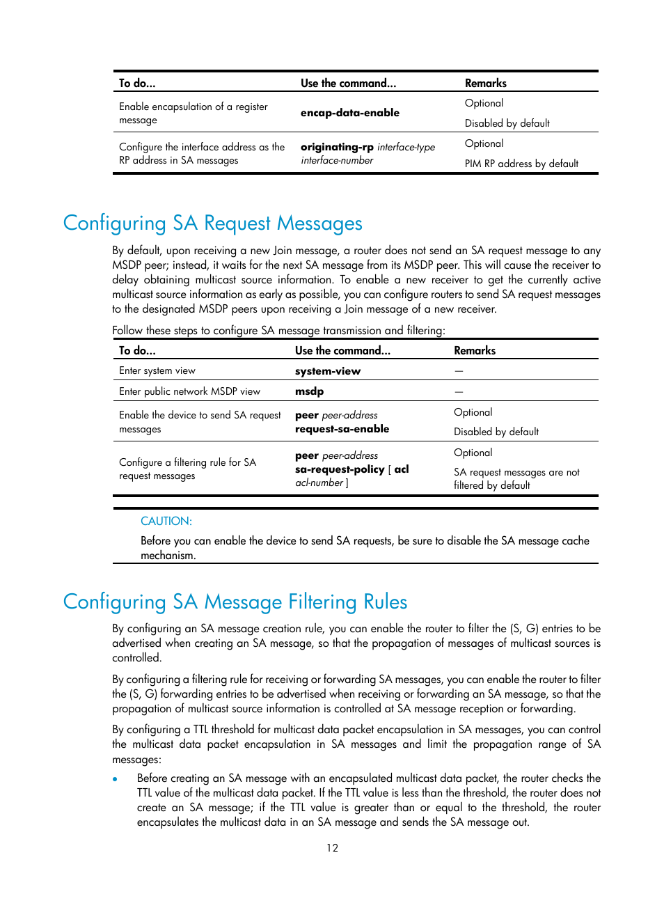 Configuring sa request messages, Configuring sa message filtering rules | H3C Technologies H3C SecPath F1000-E User Manual | Page 73 / 225