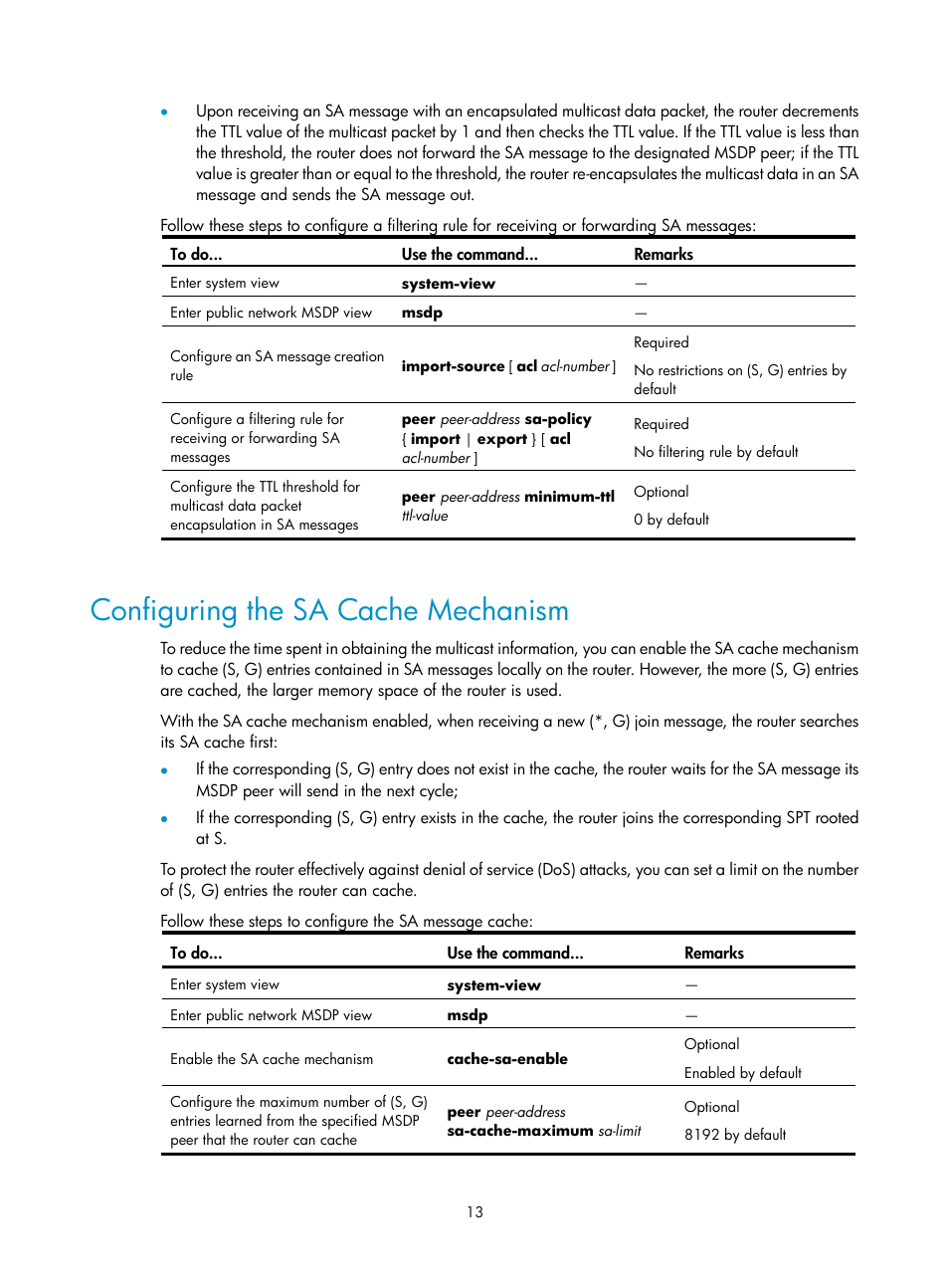 Configuring the sa cache mechanism | H3C Technologies H3C SecPath F1000-E User Manual | Page 74 / 225