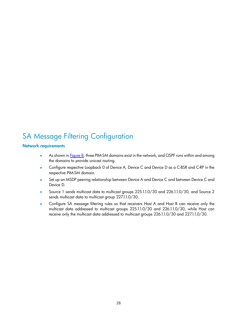 Sa message filtering configuration, Network requirements | H3C Technologies H3C SecPath F1000-E User Manual | Page 89 / 225