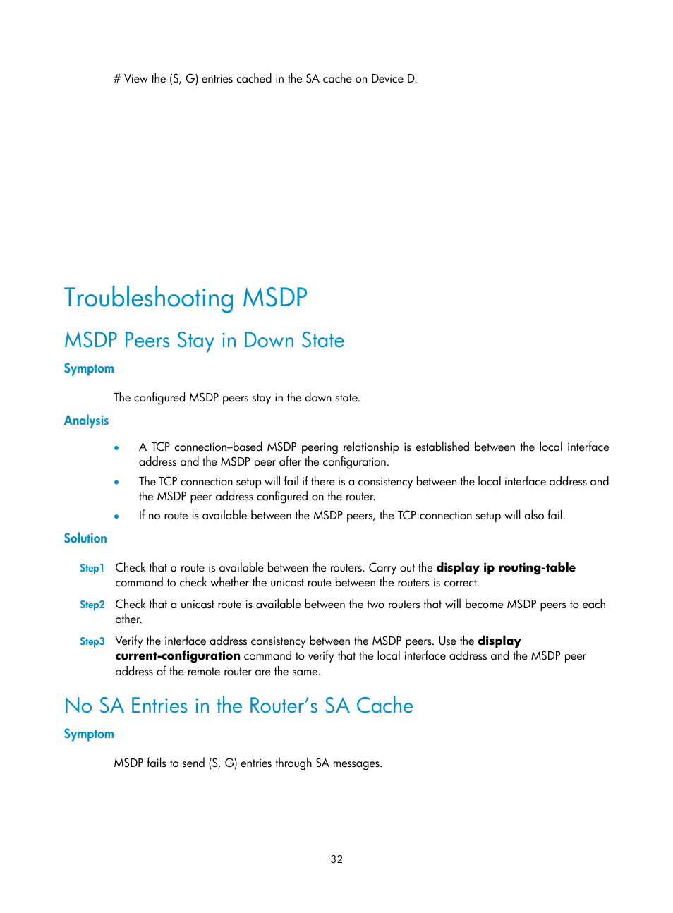 Troubleshooting msdp, Msdp peers stay in down state, Symptom | Analysis, Solution, No sa entries in the router’s sa cache | H3C Technologies H3C SecPath F1000-E User Manual | Page 93 / 225