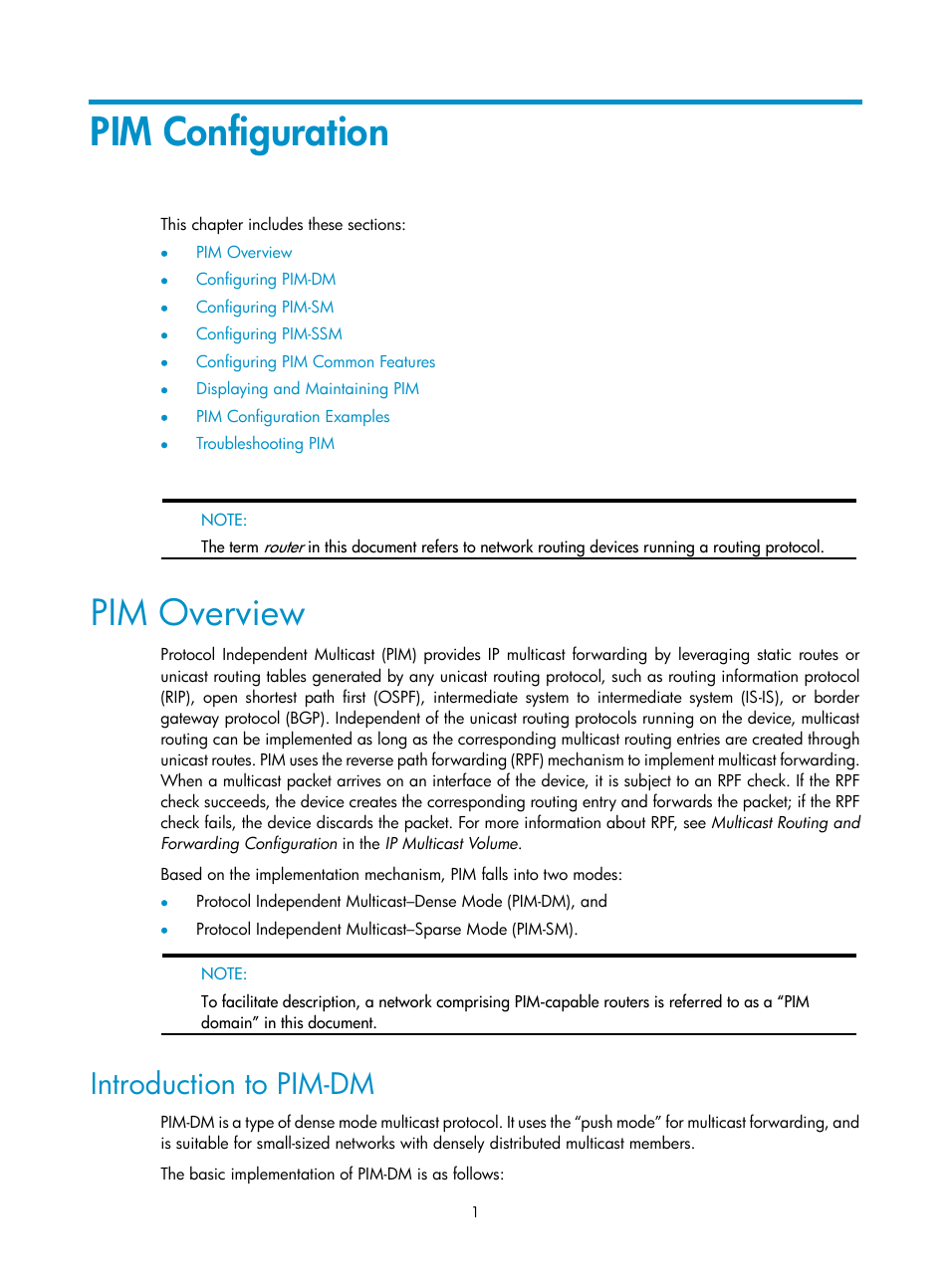 Pim configuration, Pim overview, Introduction to pim-dm | H3C Technologies H3C SecPath F1000-E User Manual | Page 97 / 225