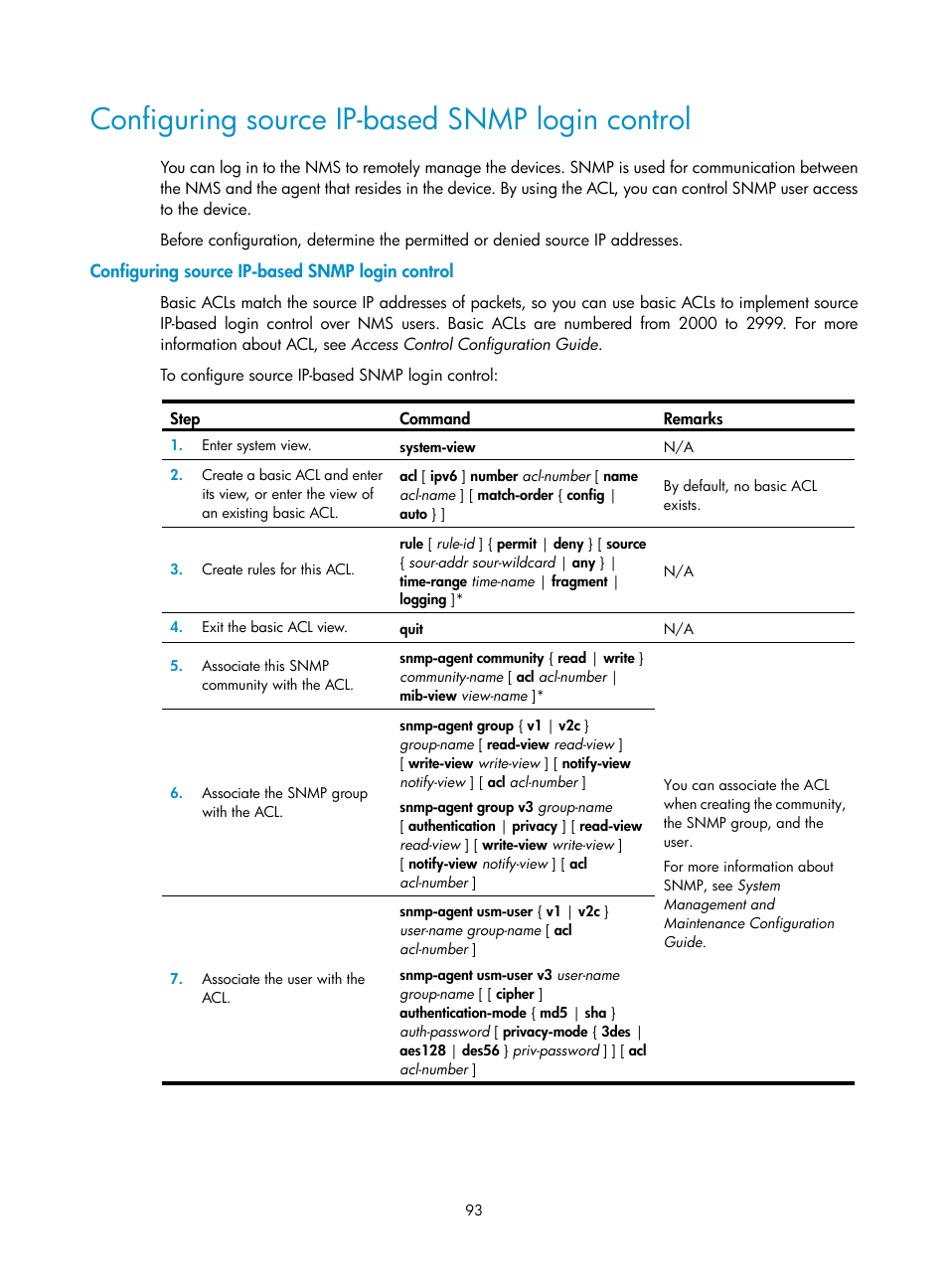 Configuring source ip-based snmp login control | H3C Technologies H3C SecPath F1000-E User Manual | Page 101 / 126