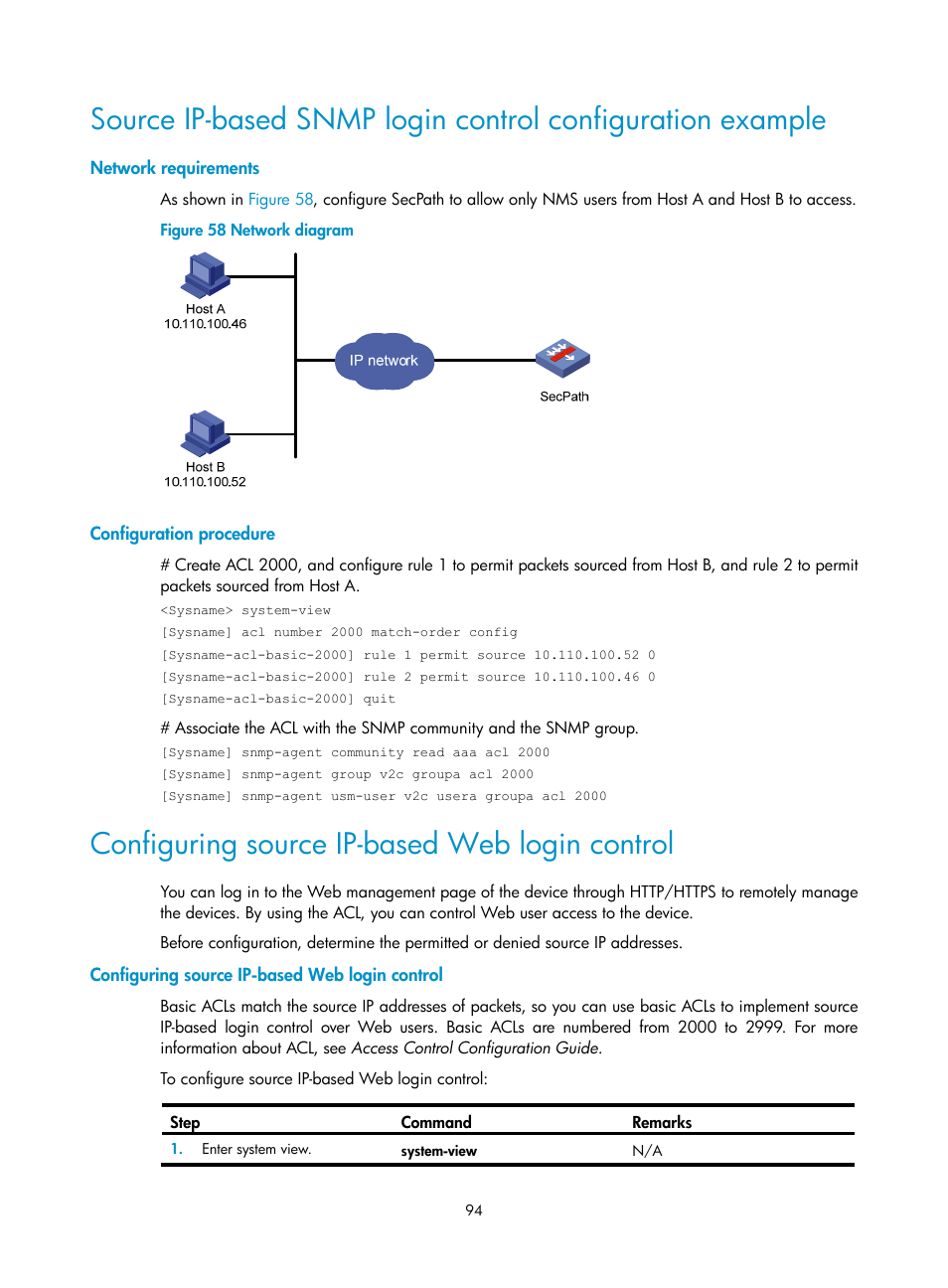 Network requirements, Configuration procedure, Configuring source ip-based web login control | H3C Technologies H3C SecPath F1000-E User Manual | Page 102 / 126