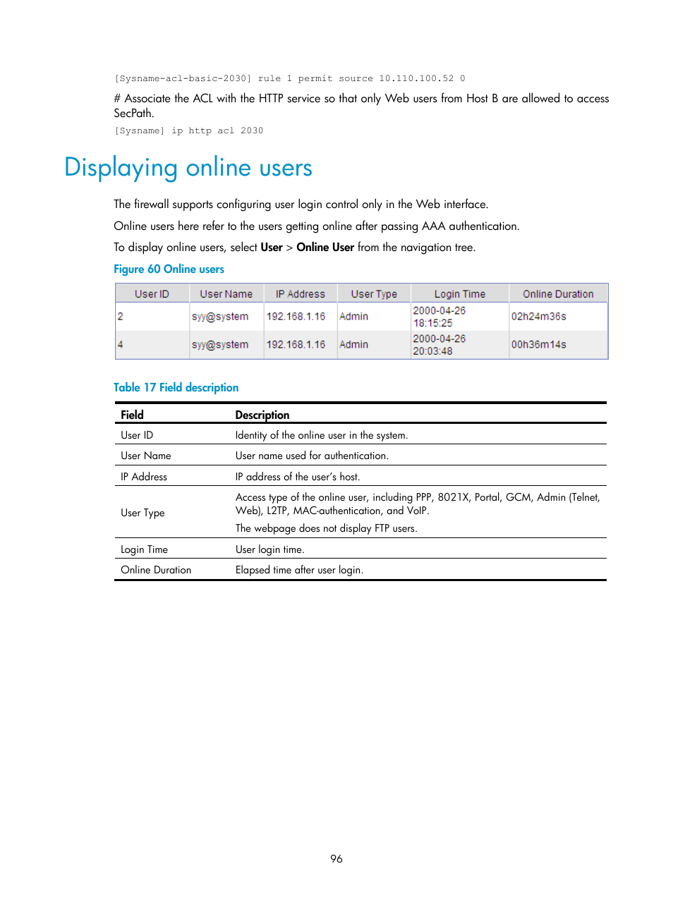 Displaying online users | H3C Technologies H3C SecPath F1000-E User Manual | Page 104 / 126