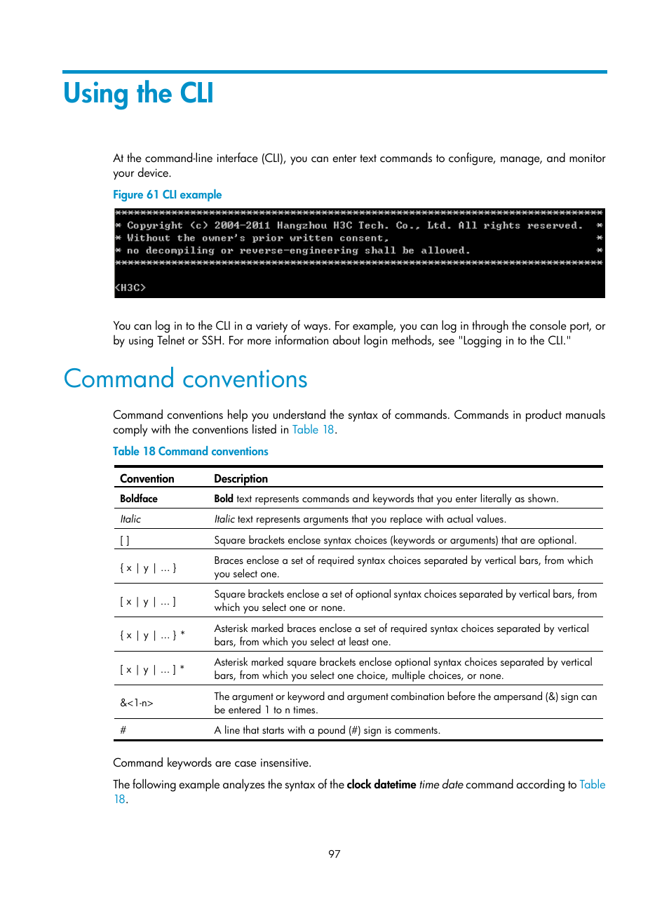 Using the cli, Command conventions | H3C Technologies H3C SecPath F1000-E User Manual | Page 105 / 126