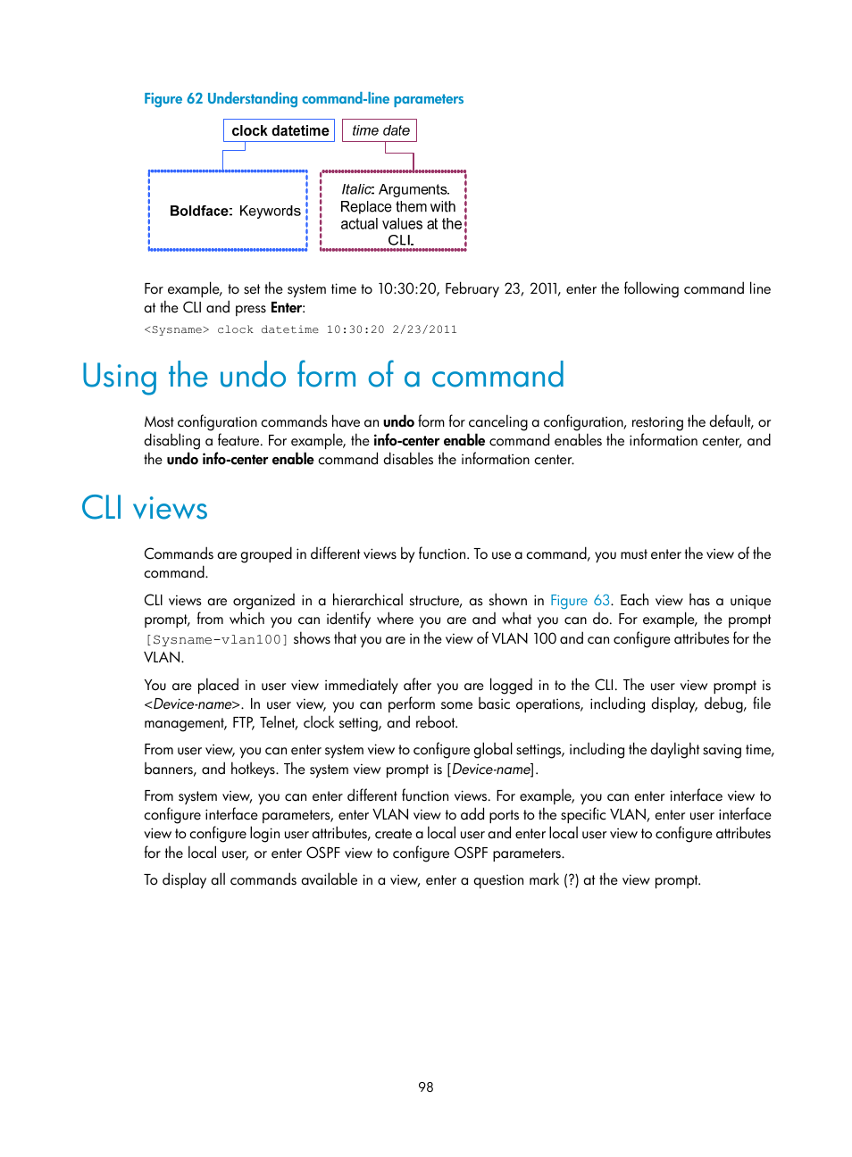 Using the undo form of a command, Cli views | H3C Technologies H3C SecPath F1000-E User Manual | Page 106 / 126