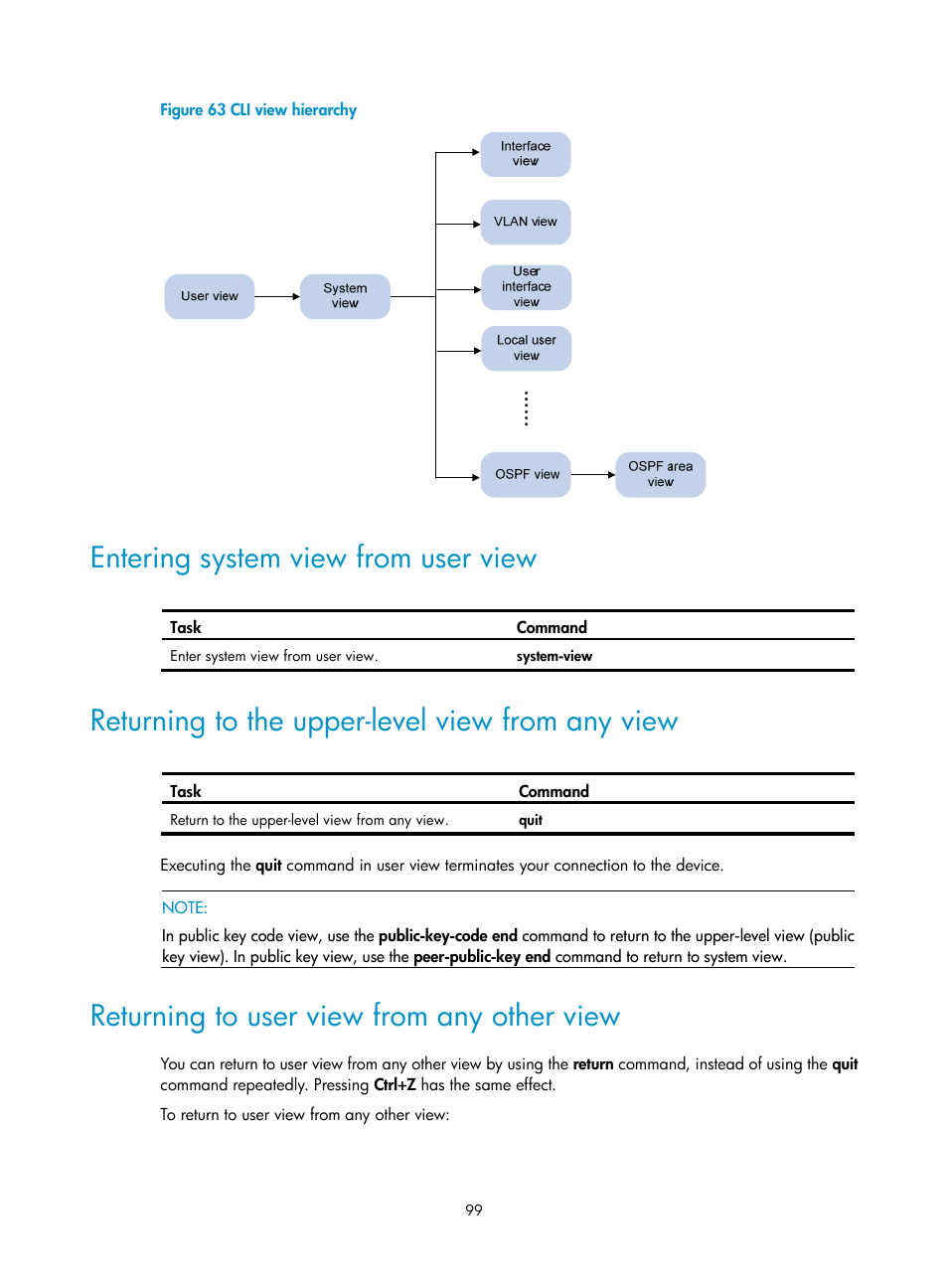 Entering system view from user view, Returning to the upper-level view from any view, Returning to user view from any other view | H3C Technologies H3C SecPath F1000-E User Manual | Page 107 / 126