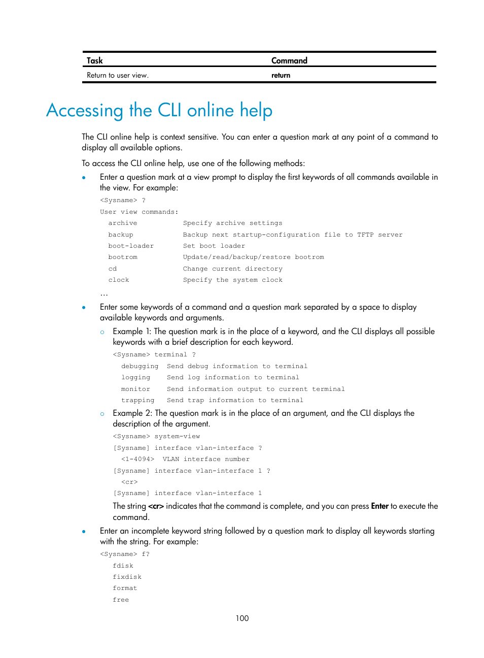 Accessing the cli online help | H3C Technologies H3C SecPath F1000-E User Manual | Page 108 / 126