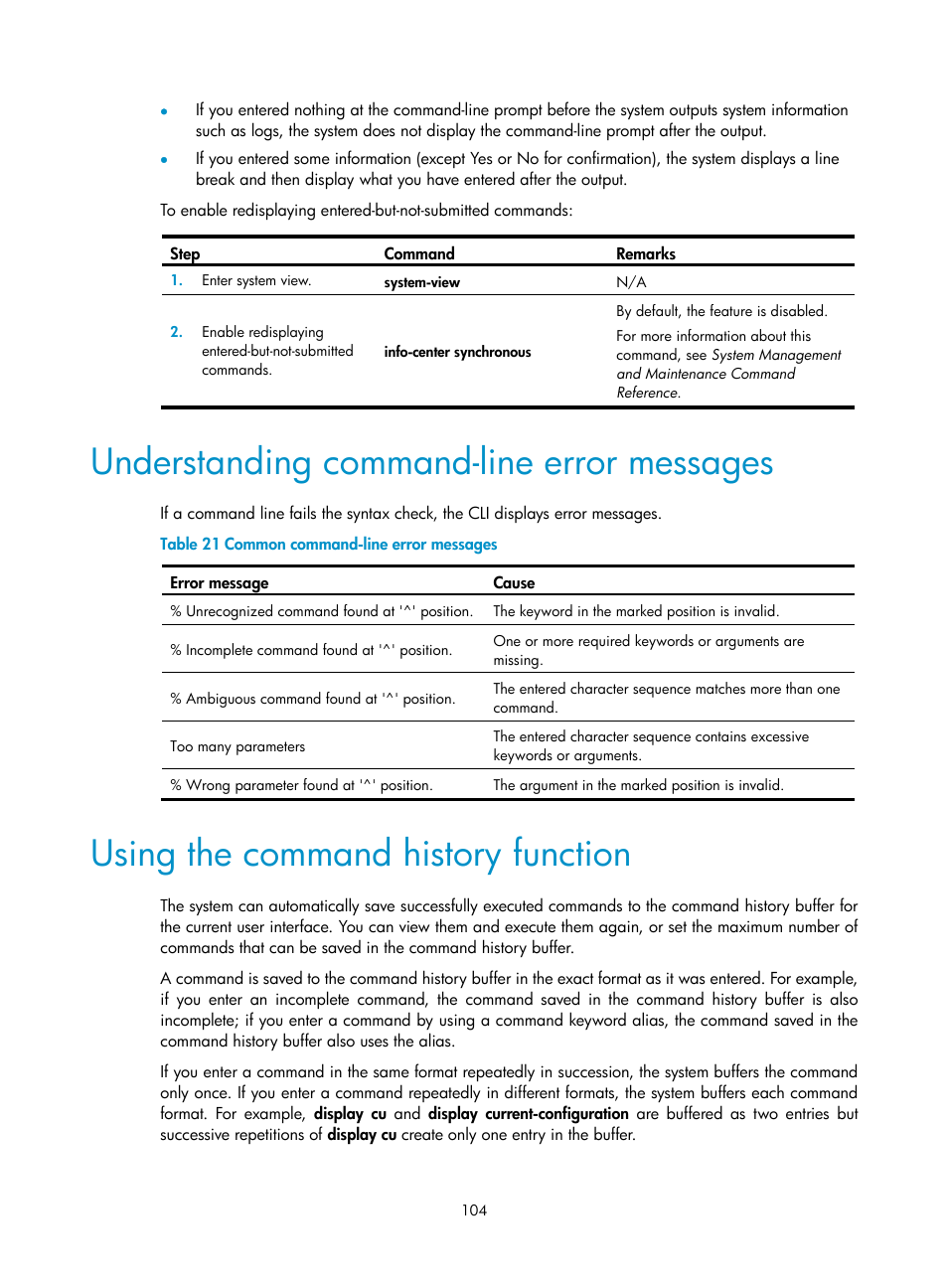 Understanding command-line error messages, Using the command history function | H3C Technologies H3C SecPath F1000-E User Manual | Page 112 / 126