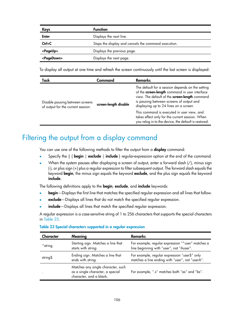 Filtering the output from a display command | H3C Technologies H3C SecPath F1000-E User Manual | Page 114 / 126