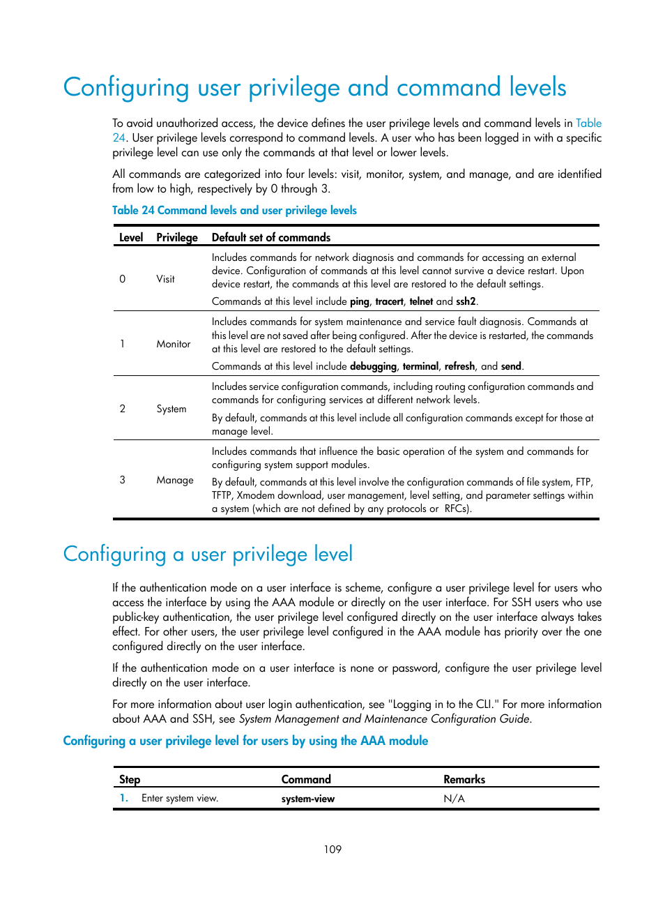 Configuring user privilege and command levels, Configuring a user privilege level | H3C Technologies H3C SecPath F1000-E User Manual | Page 117 / 126