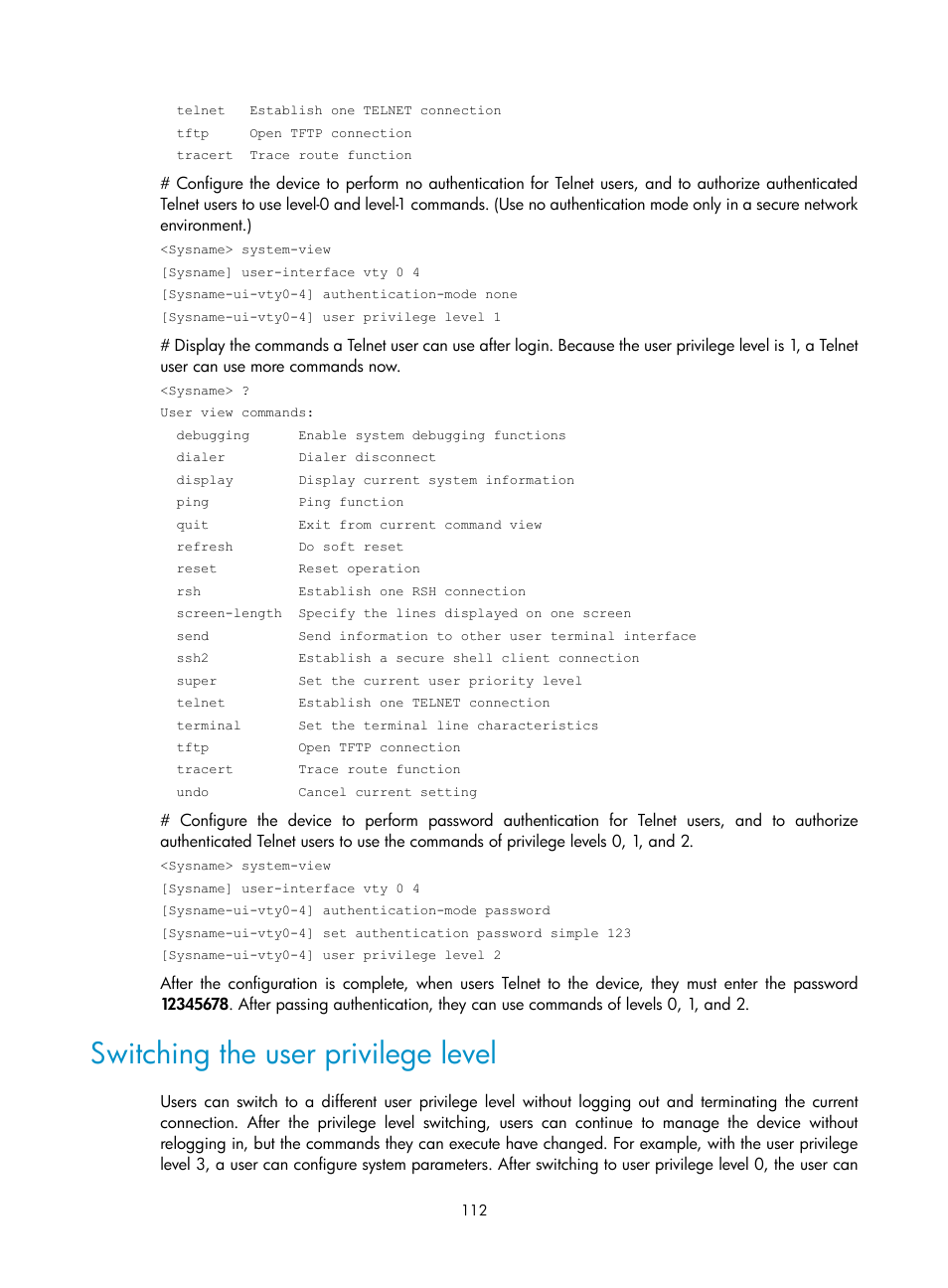 Switching the user privilege level | H3C Technologies H3C SecPath F1000-E User Manual | Page 120 / 126