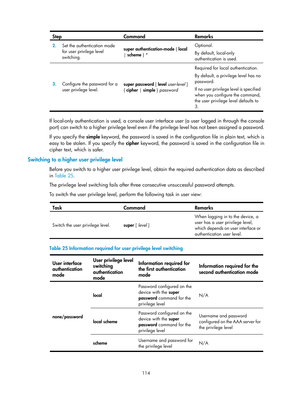 Switching to a higher user privilege level | H3C Technologies H3C SecPath F1000-E User Manual | Page 122 / 126