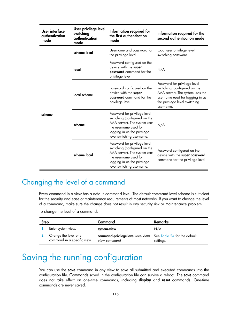 Changing the level of a command, Saving the running configuration | H3C Technologies H3C SecPath F1000-E User Manual | Page 123 / 126