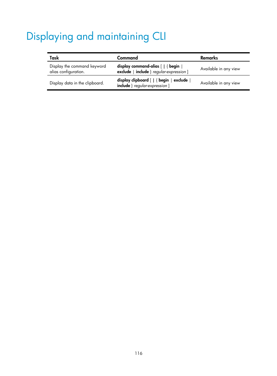 Displaying and maintaining cli | H3C Technologies H3C SecPath F1000-E User Manual | Page 124 / 126