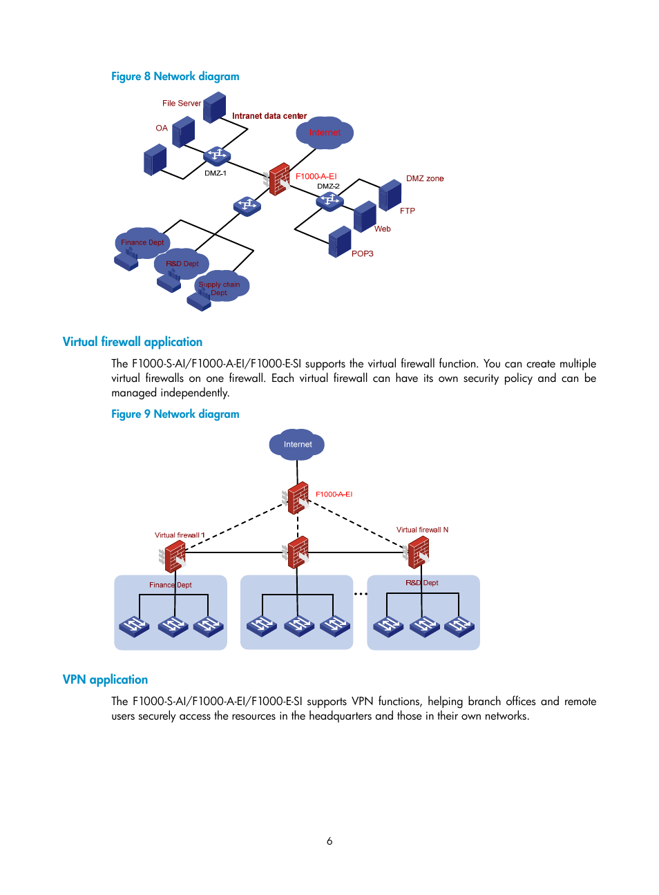 Virtual firewall application, Vpn application | H3C Technologies H3C SecPath F1000-E User Manual | Page 14 / 126