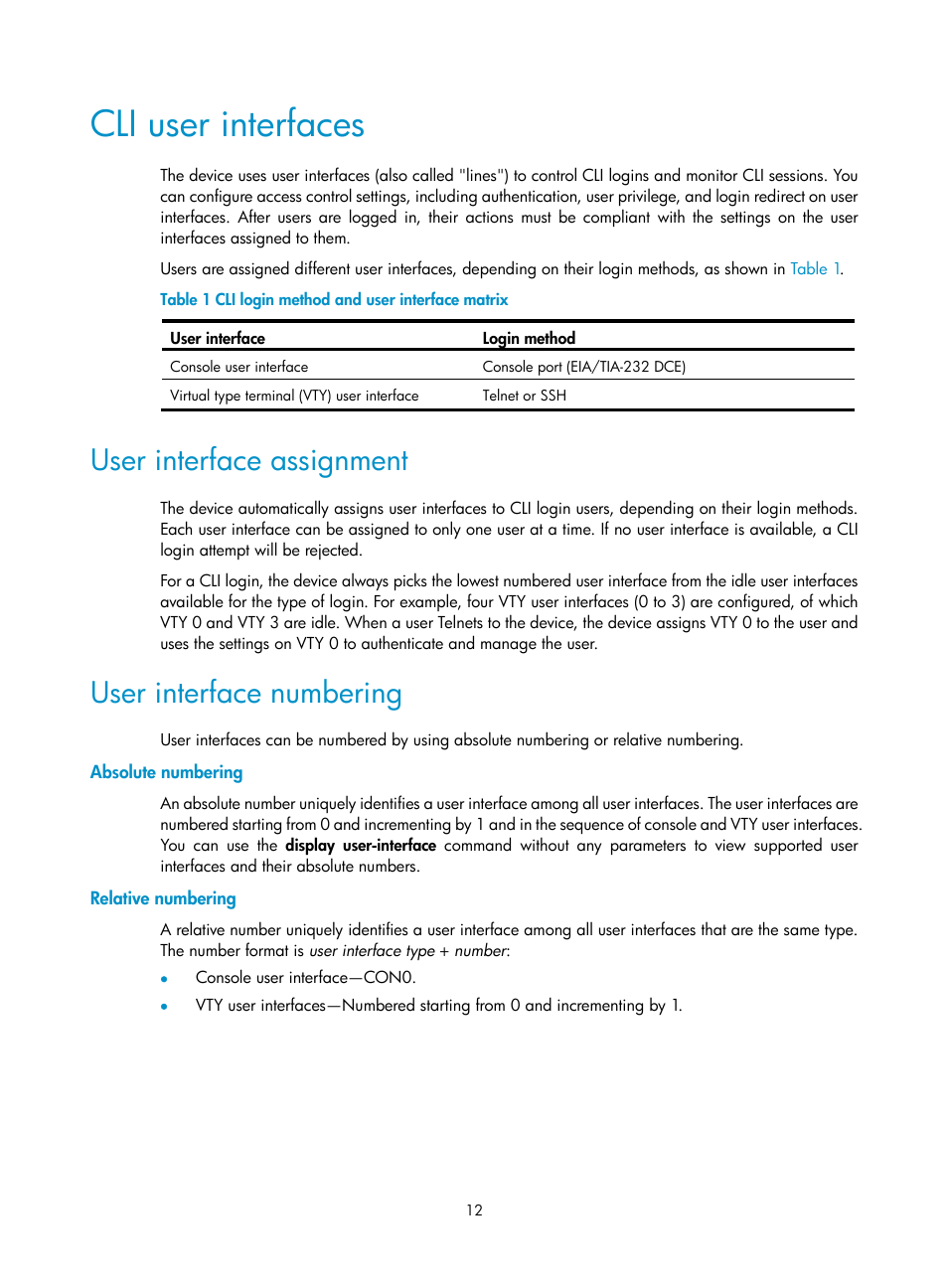 Cli user interfaces, User interface assignment, User interface numbering | Absolute numbering, Relative numbering | H3C Technologies H3C SecPath F1000-E User Manual | Page 20 / 126