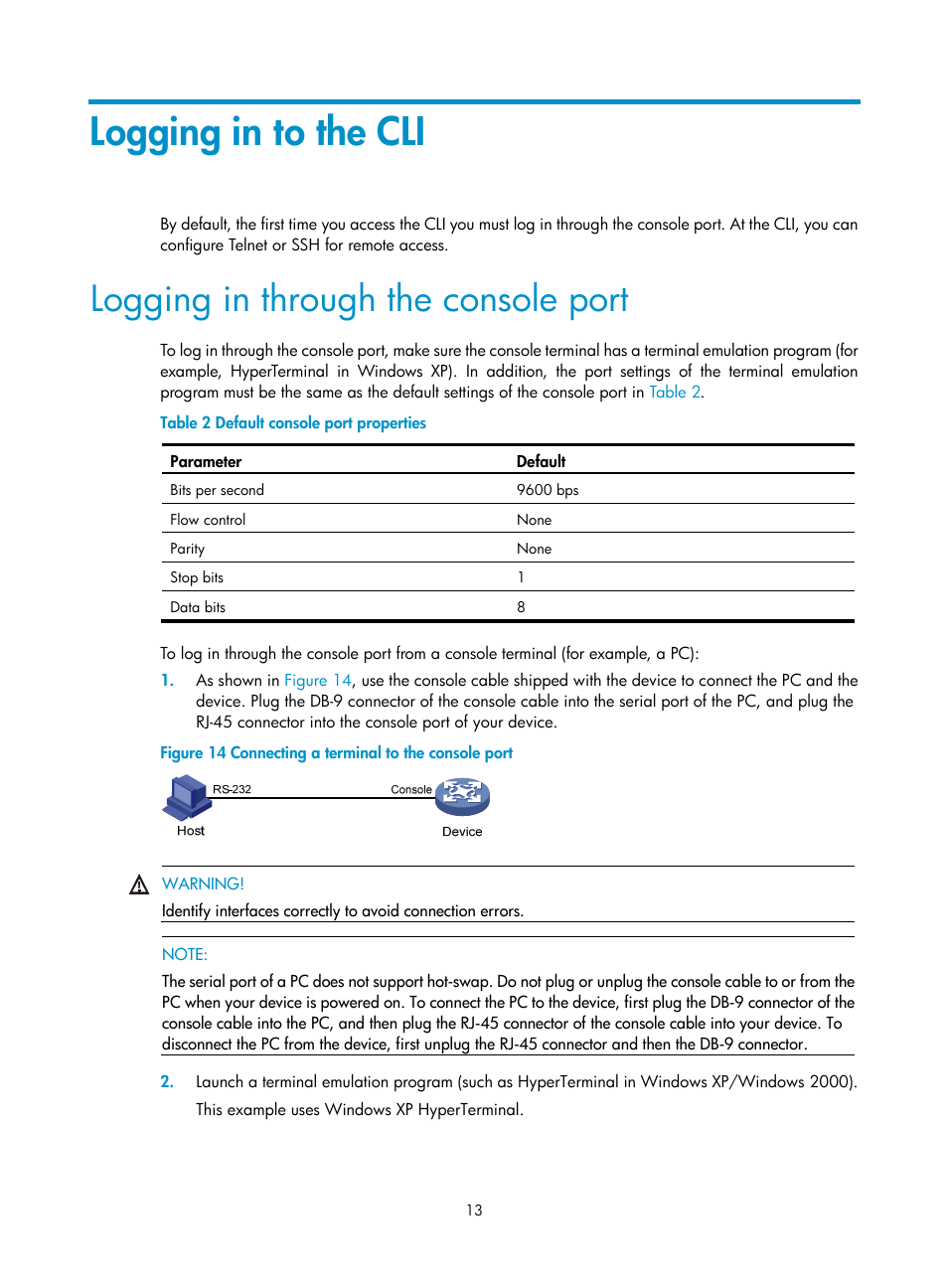 Logging in to the cli, Logging in through the console port | H3C Technologies H3C SecPath F1000-E User Manual | Page 21 / 126