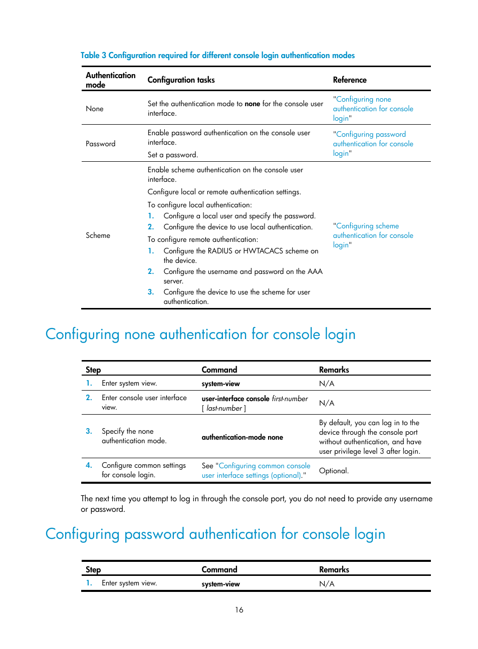 Configuring none authentication for console login | H3C Technologies H3C SecPath F1000-E User Manual | Page 24 / 126