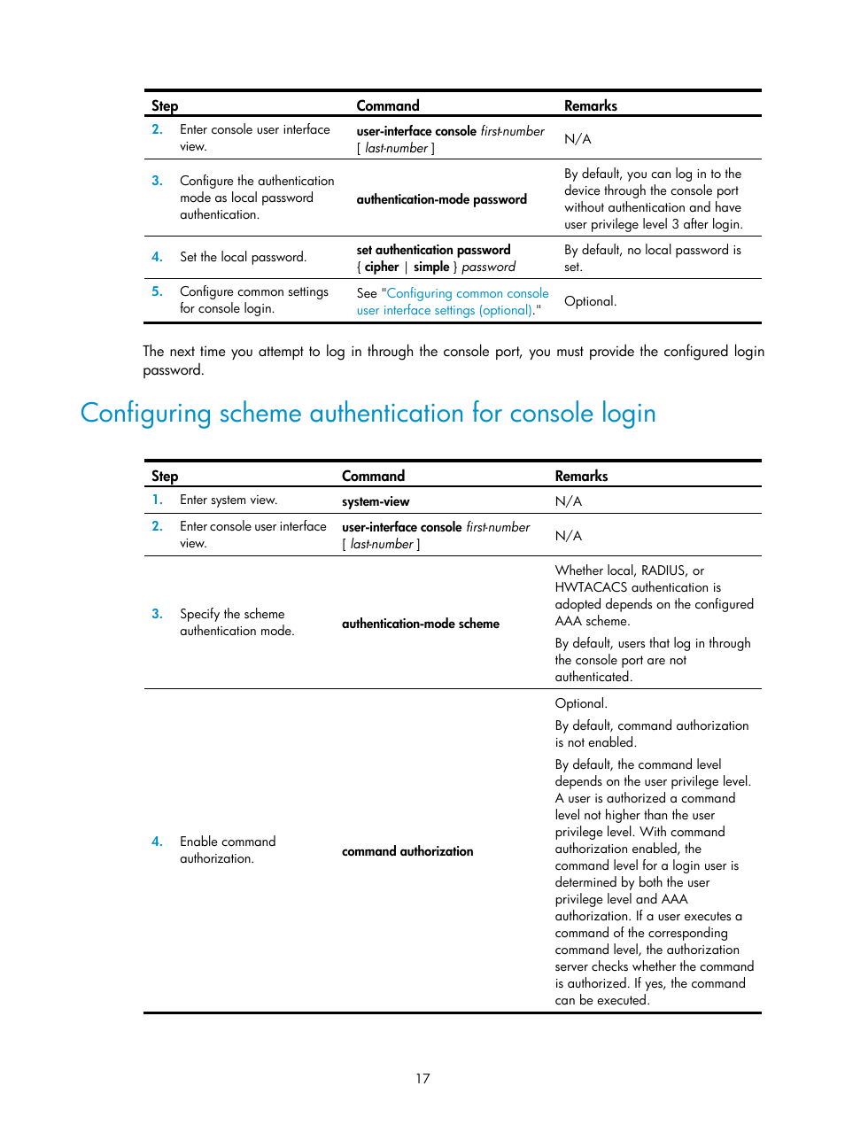 Configuring scheme, Authentication for console, Login | H3C Technologies H3C SecPath F1000-E User Manual | Page 25 / 126