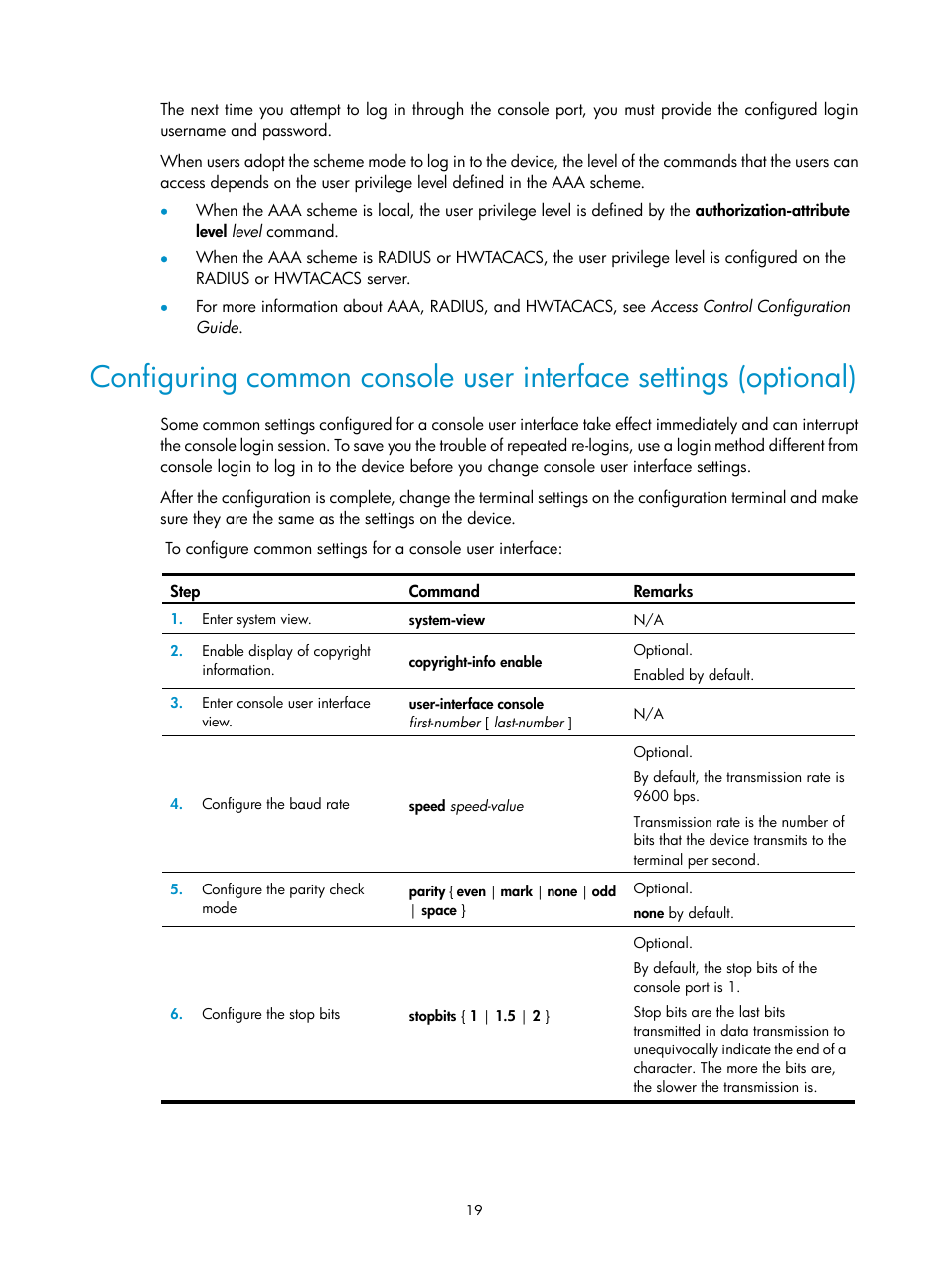 Configuring common console, User interface settings (optional) | H3C Technologies H3C SecPath F1000-E User Manual | Page 27 / 126
