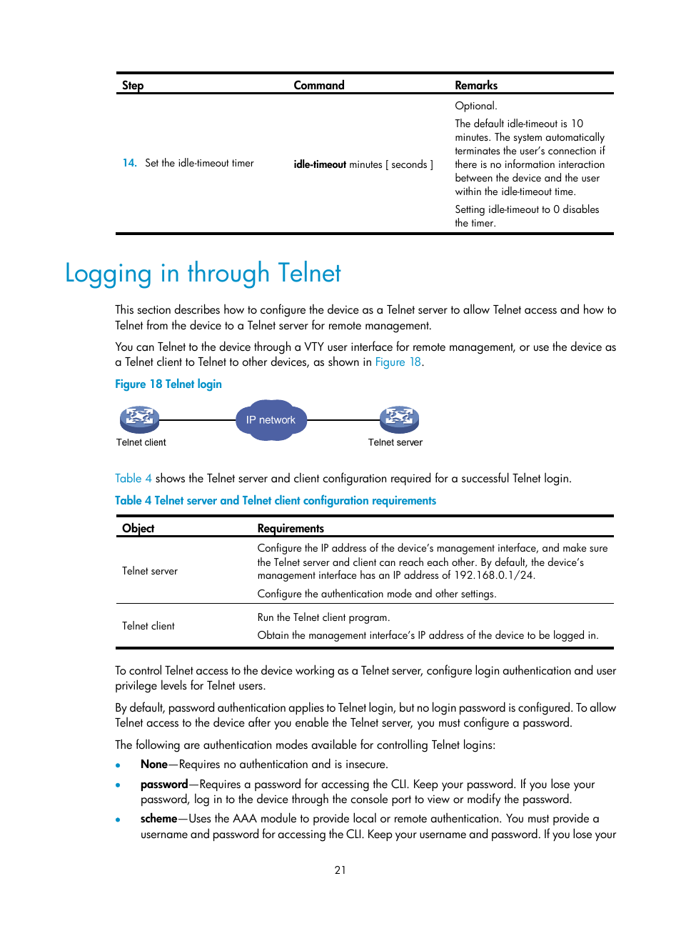 Logging in through telnet | H3C Technologies H3C SecPath F1000-E User Manual | Page 29 / 126