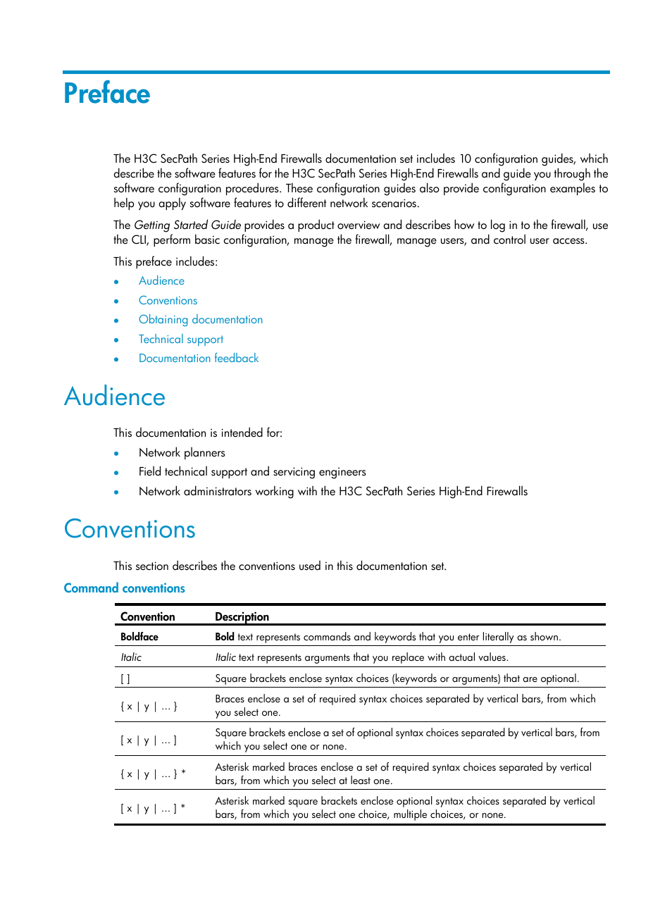 Preface, Audience, Conventions | Command conventions | H3C Technologies H3C SecPath F1000-E User Manual | Page 3 / 126